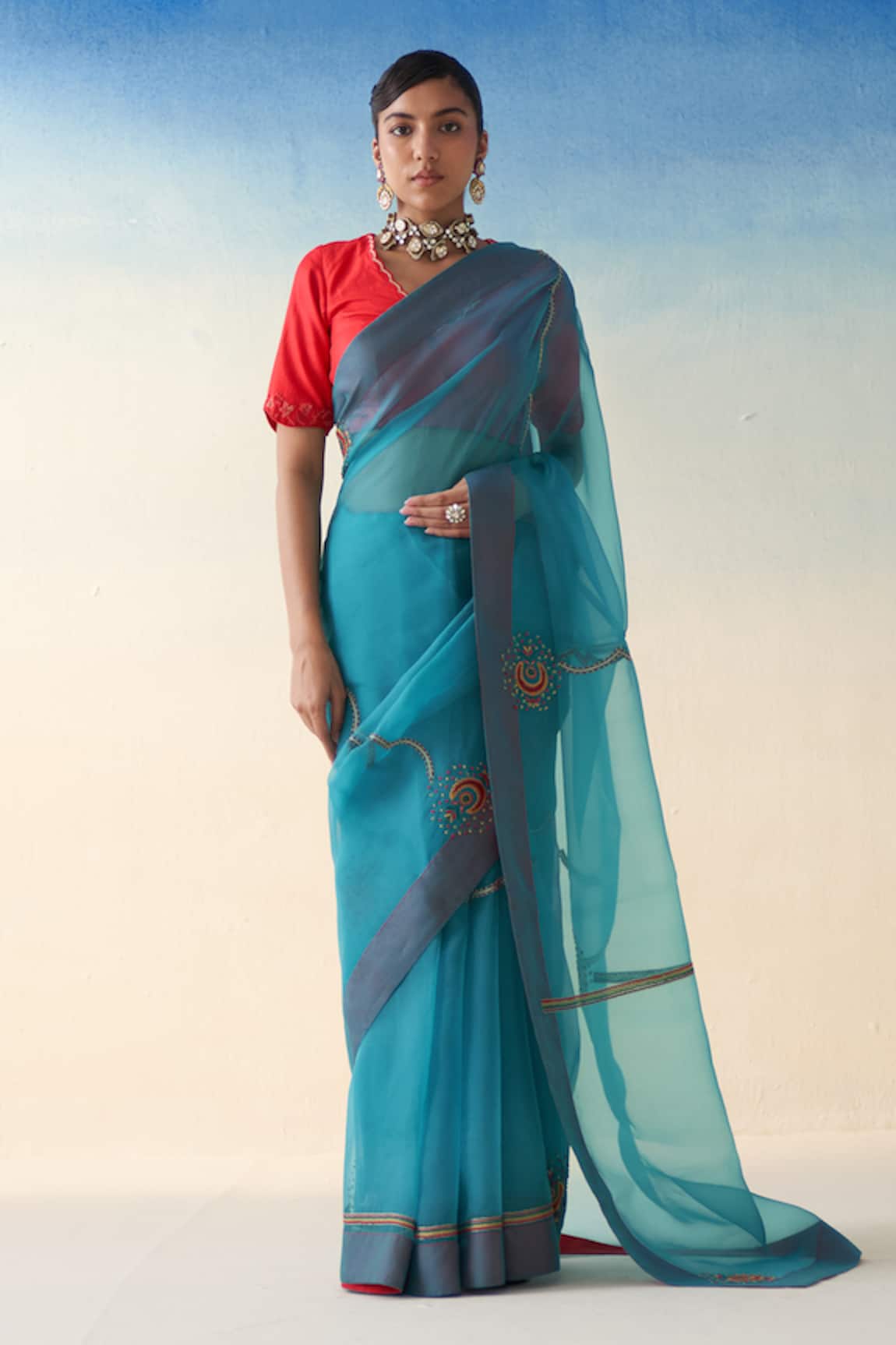 Janki India Turquoise Hand Embroidered Saree Set 