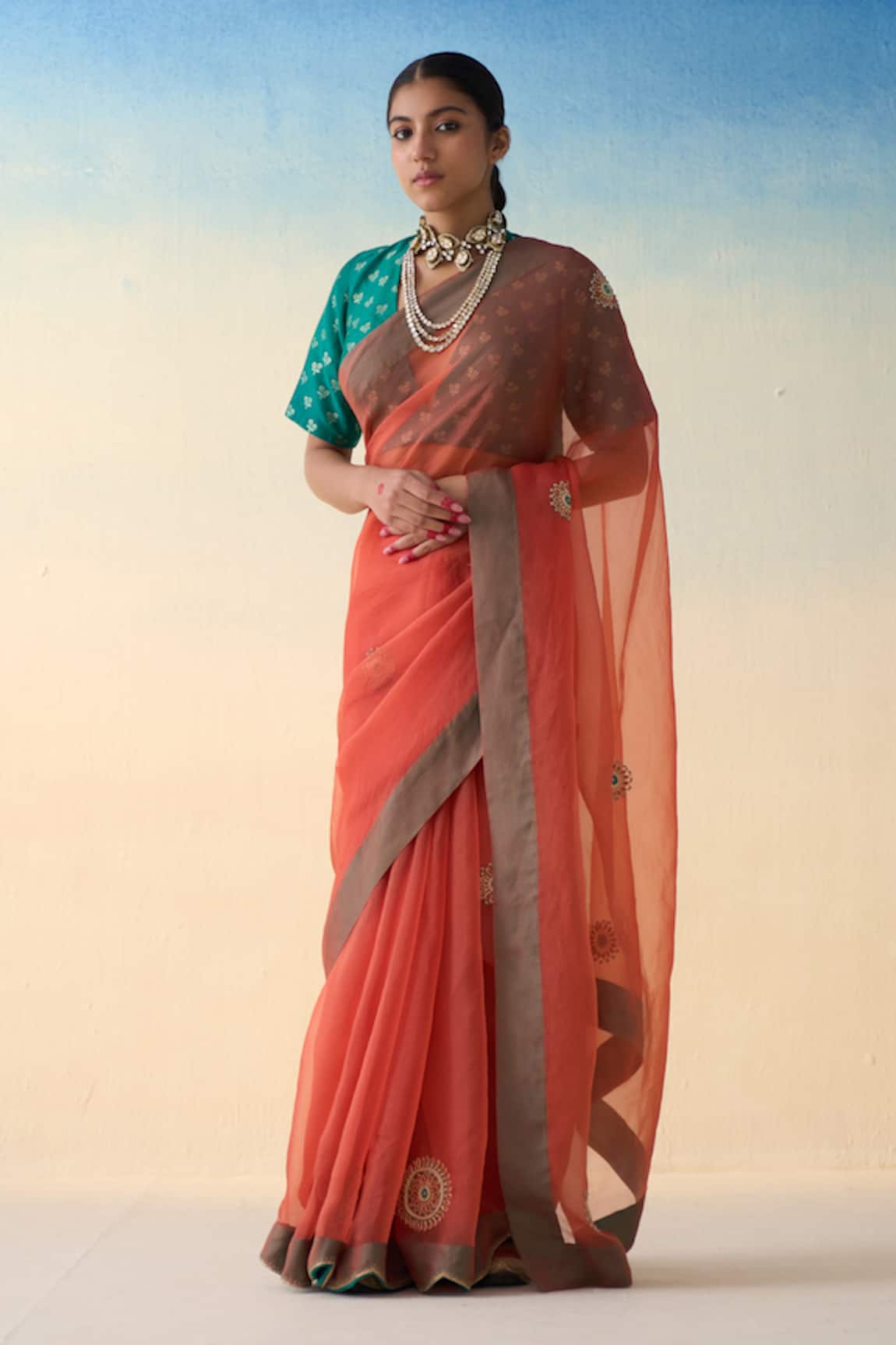 Janki India Rust Orange Hand Embroidered Saree Set 