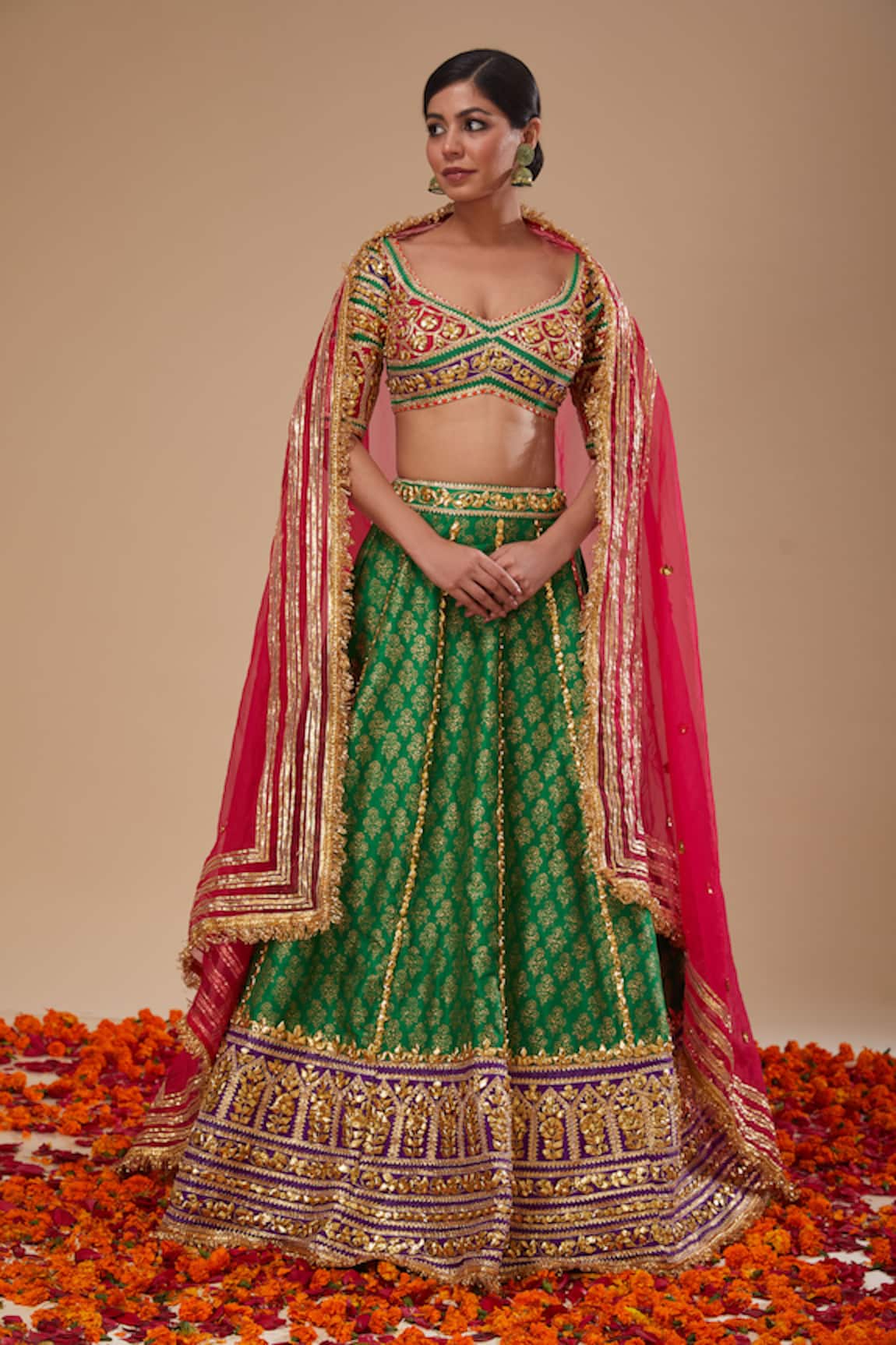 Preeti S Kapoor Multicolor Blouse & Green Lehenga Set 