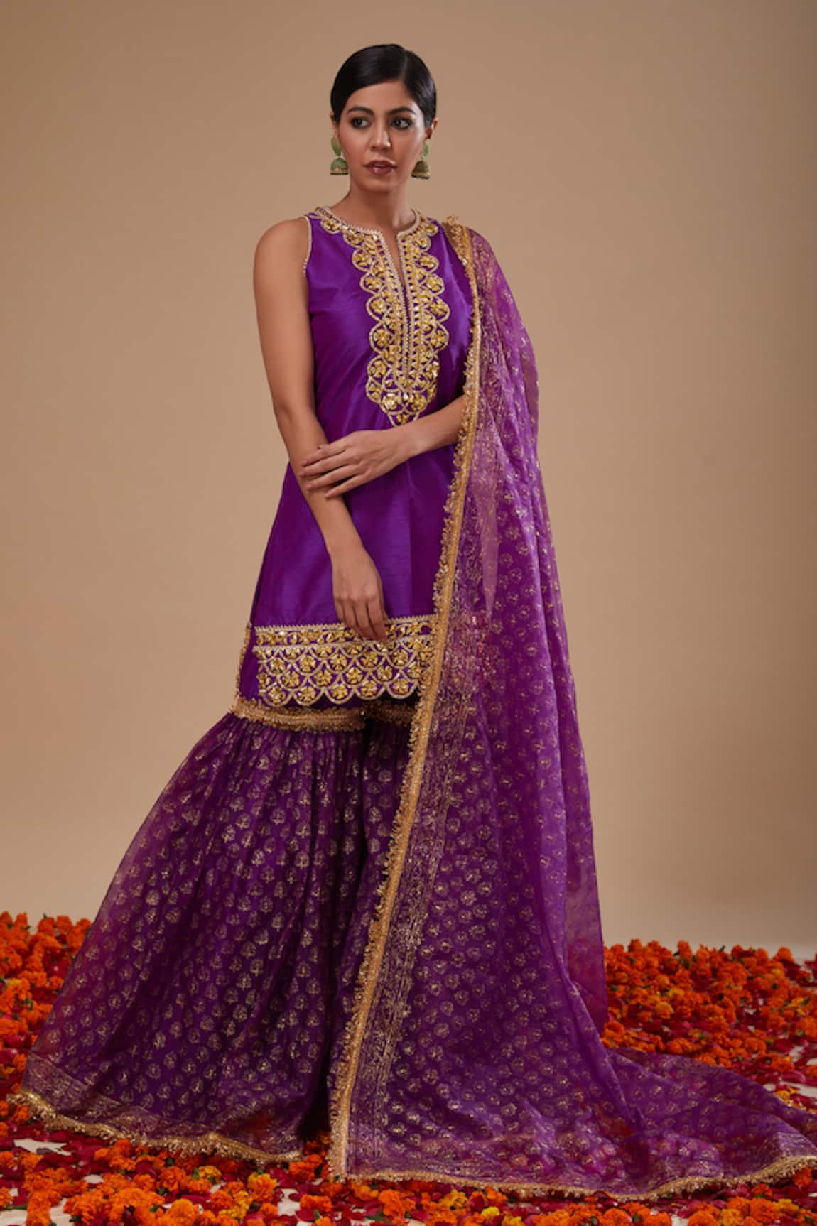 Preeti S Kapoor Purple Kurta with Block Print Gharara Set 