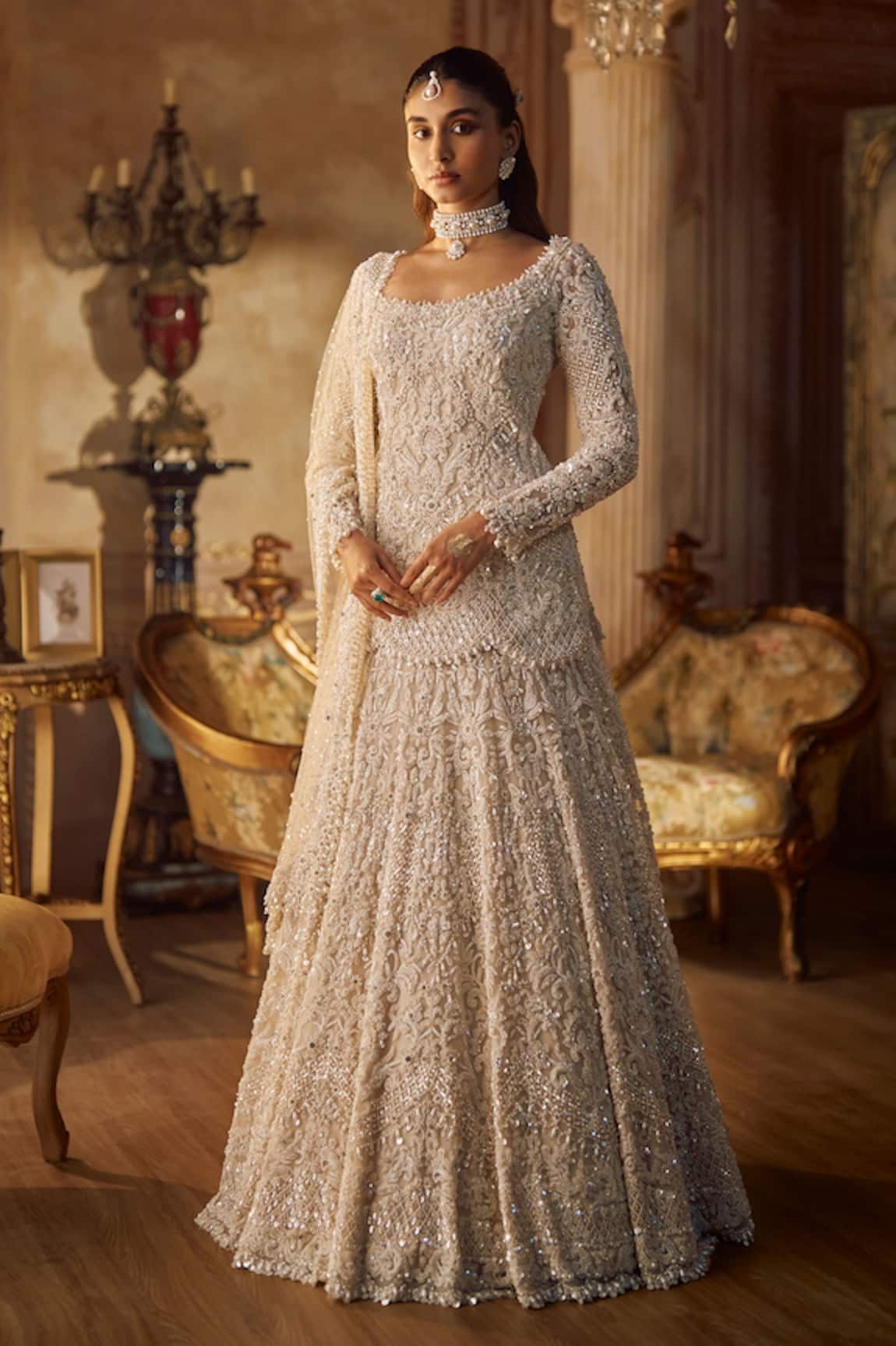 Seema Gujral Vinatge Ivory Pearl Lehenga Set 