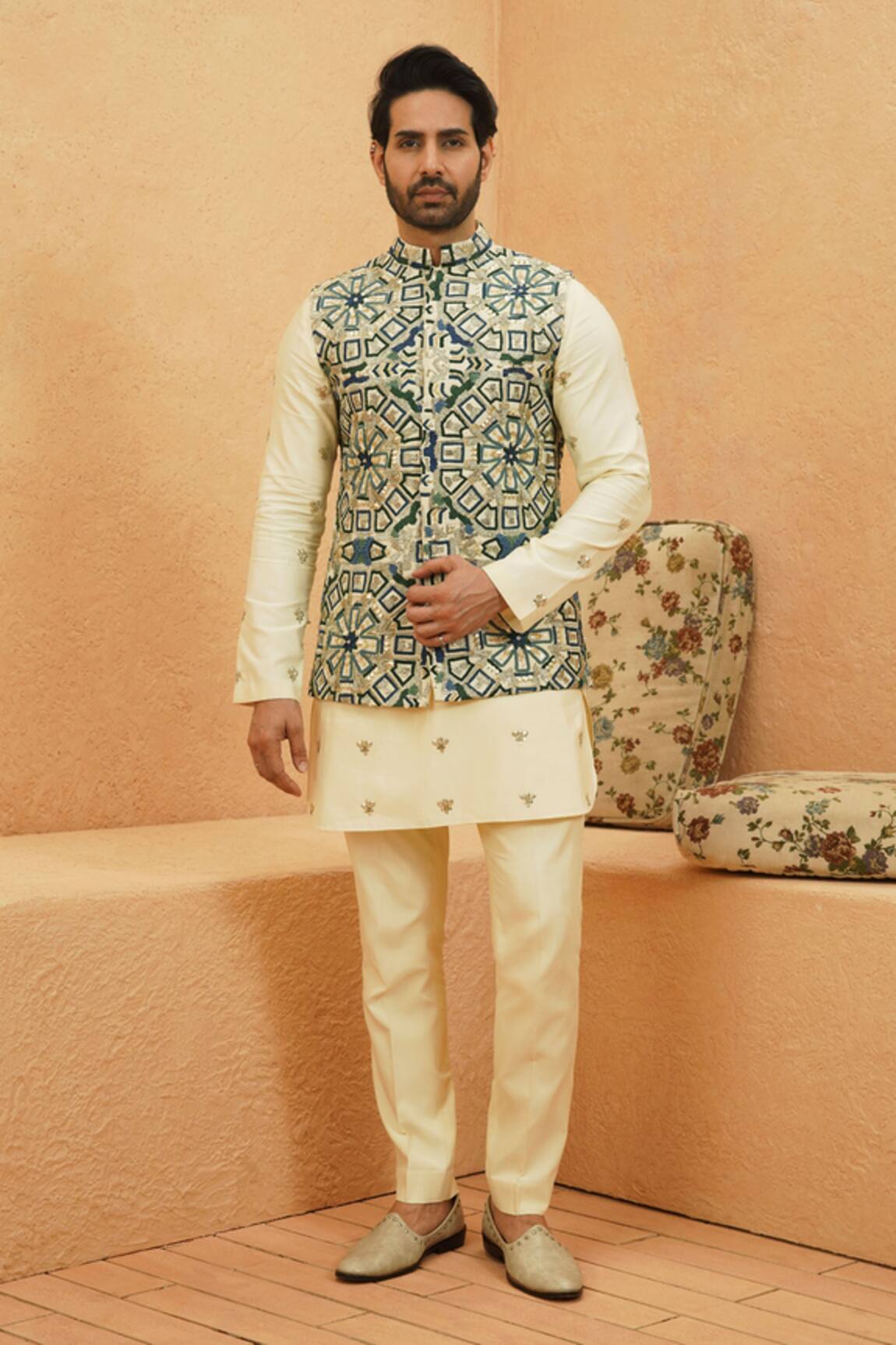Sva By Sonam & Paras Modi Embellished Ivory Rawsilk Bundi 
