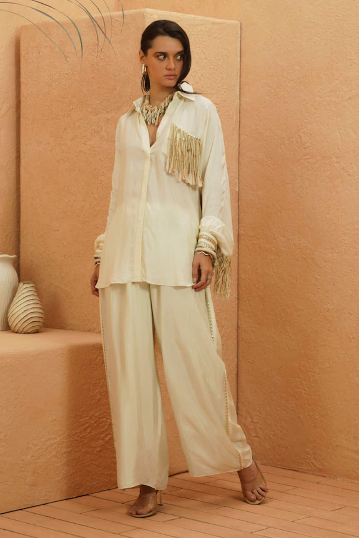 Sva By Sonam & Paras Modi Ivory Tasselled Top & Pant Co-Ord Set 
