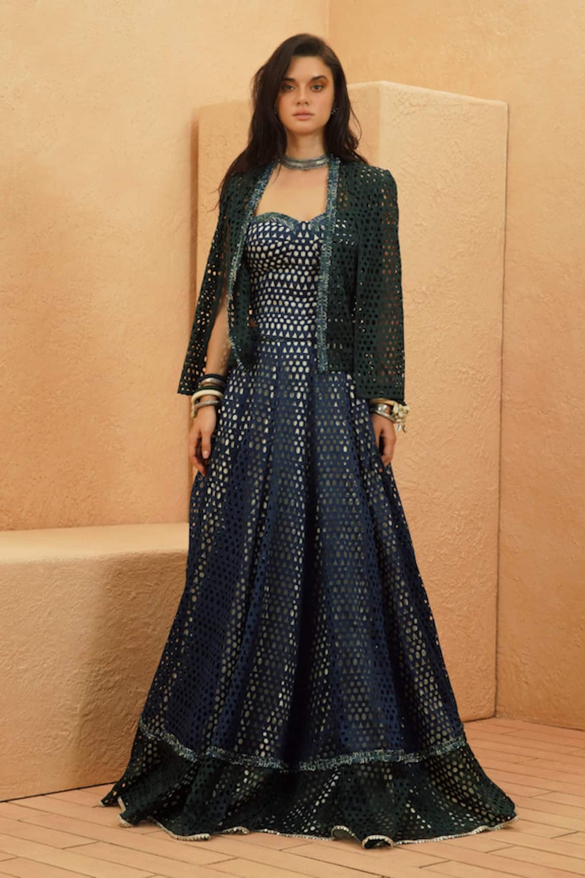 Sva By Sonam & Paras Modi Midnight Blue Cutwork Cape Jacket & Lehenga Set 