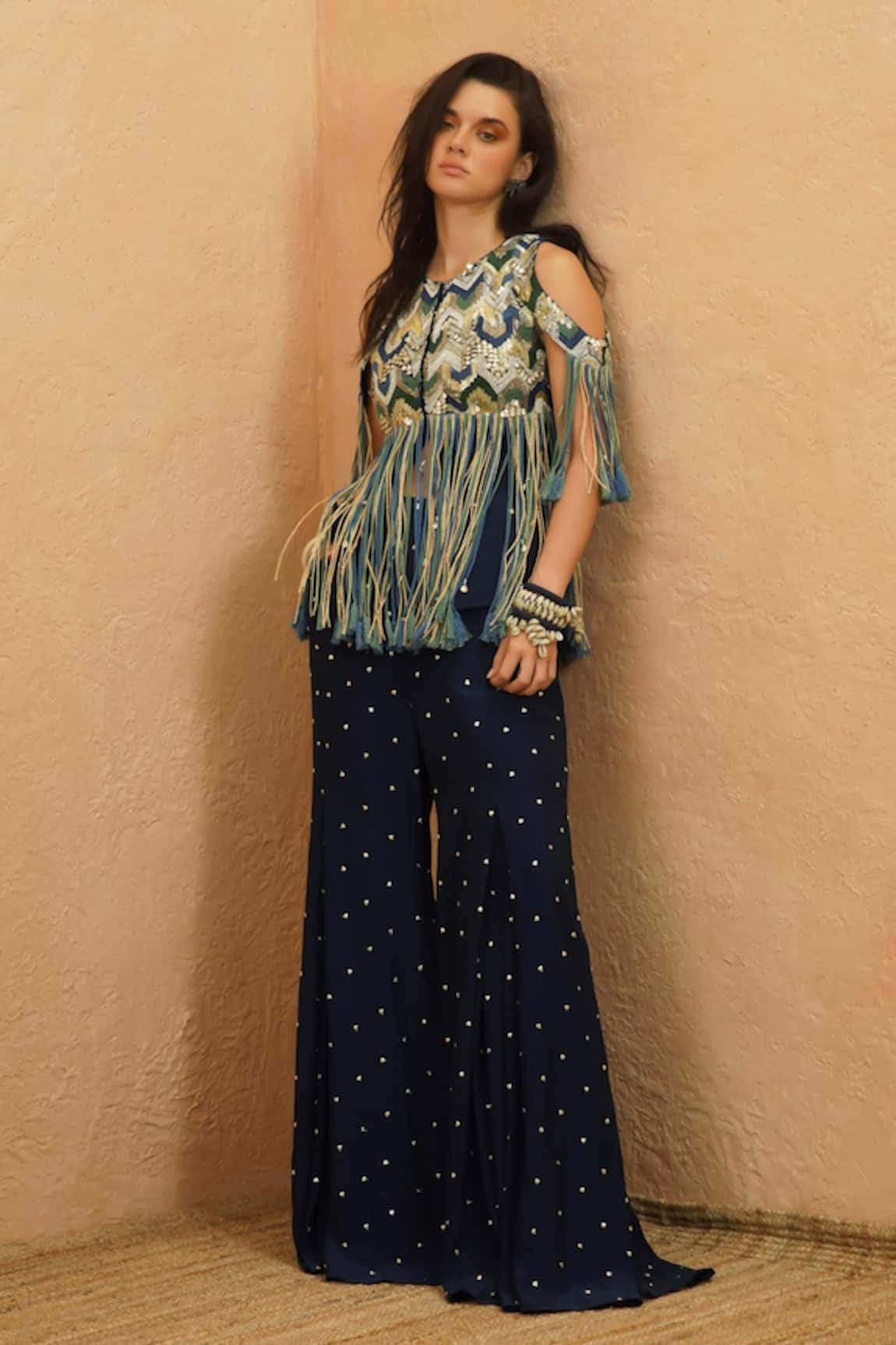 Sva By Sonam & Paras Modi Midnight Blue Fringe Jacket & Pant Set 