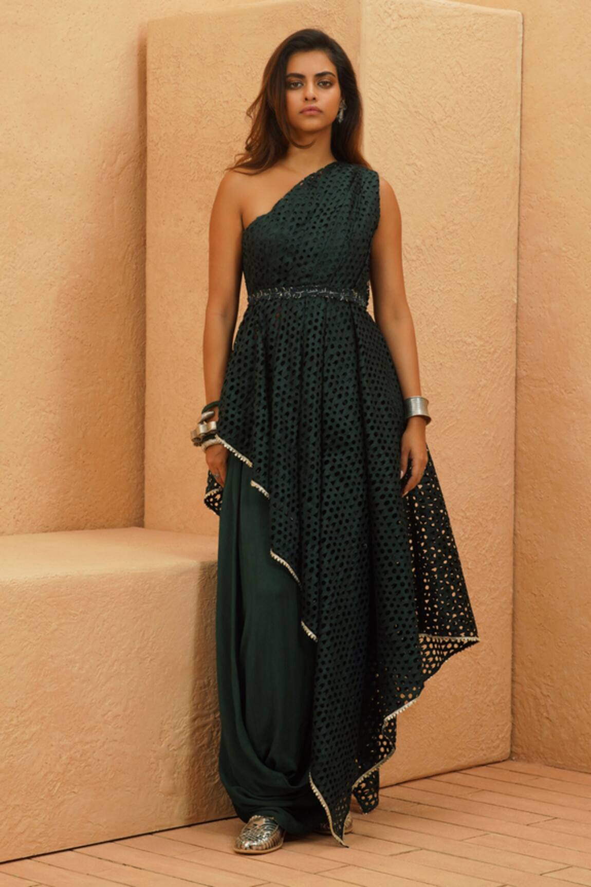 Sva By Sonam & Paras Modi Emerald Green Cutwork Drape Top & Cowl Skirt 
