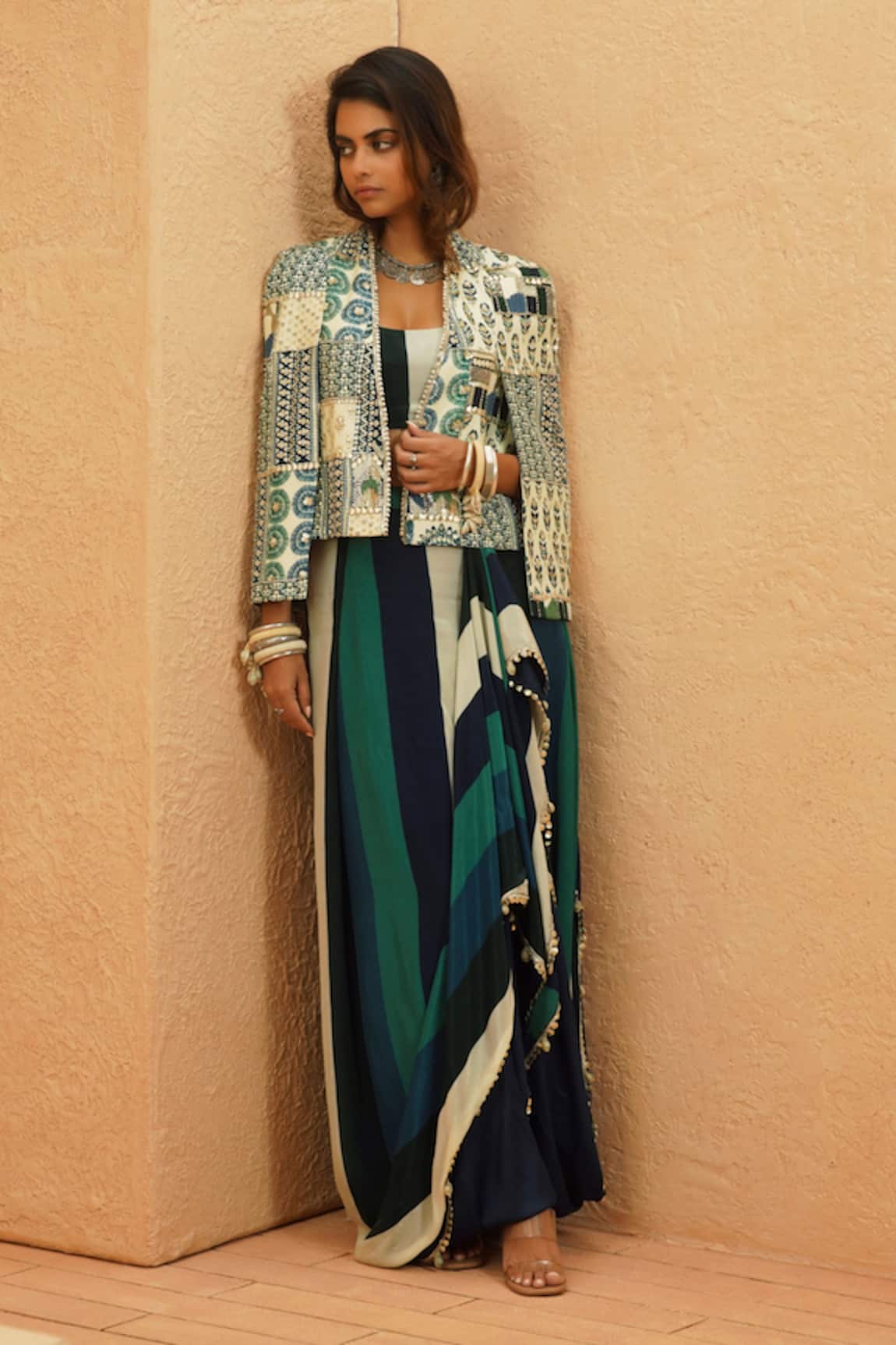Sva By Sonam & Paras Modi Printed Drape Skirt & Cape Jacket Set 