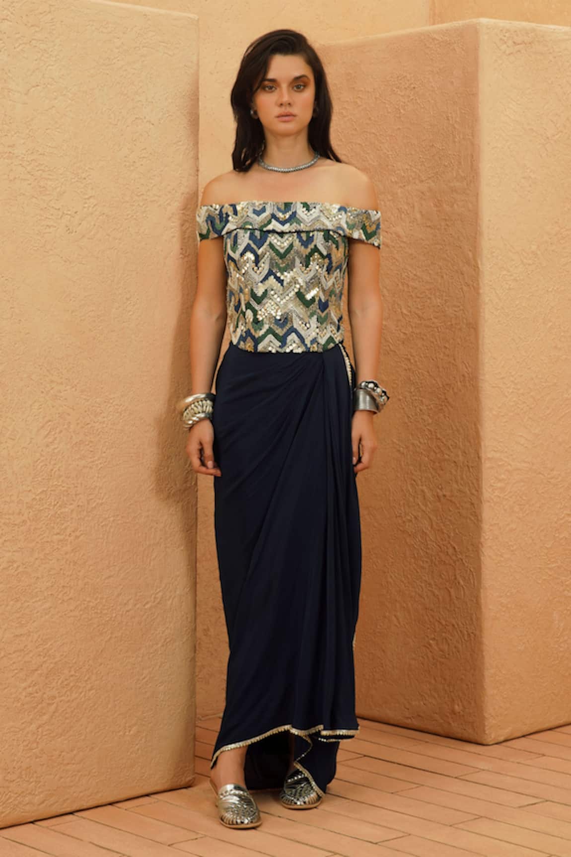 Sva By Sonam & Paras Modi Embellished Corset & Draped Skirt Set 