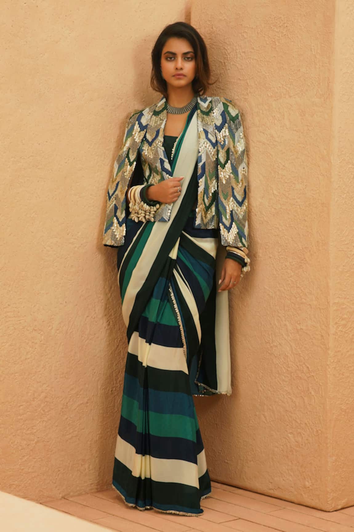 Sva By Sonam & Paras Modi Suhana Stripe Pre-Draped Saree Set 