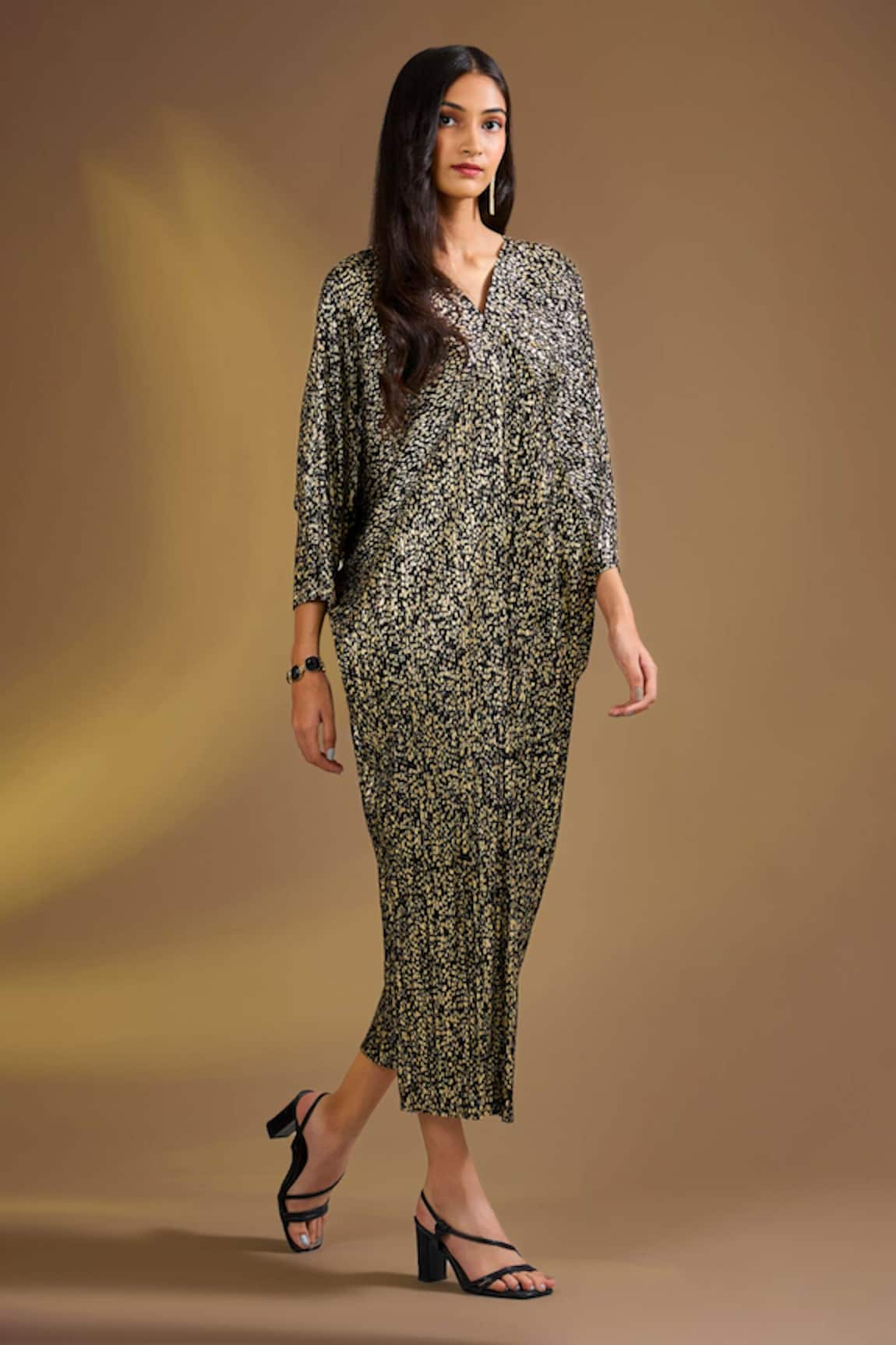Ajiesh Oberoi Black with Gold Abstract Drape Dress 
