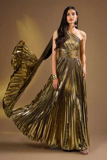 Ajiesh Oberoi Metallic Pleated Gown 