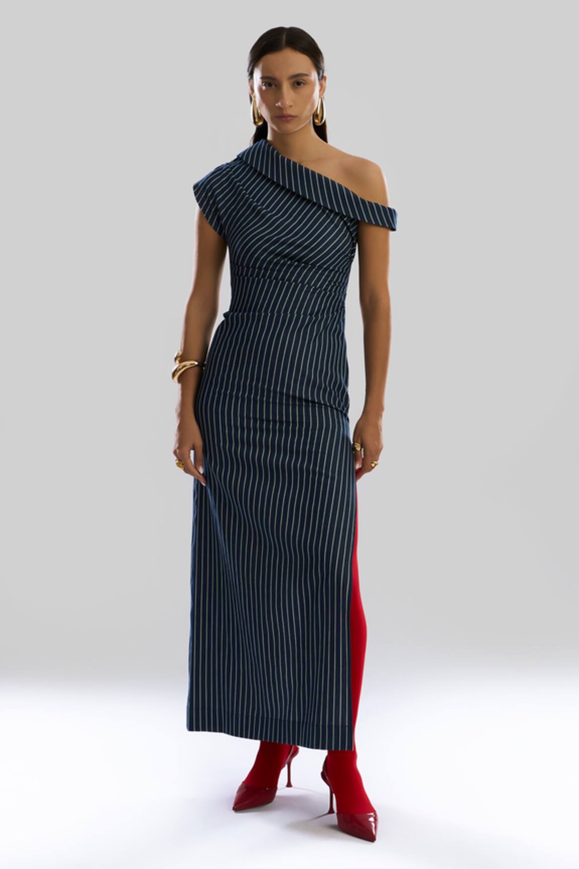 Aroka One Shoulder Denim Stripe Dress 