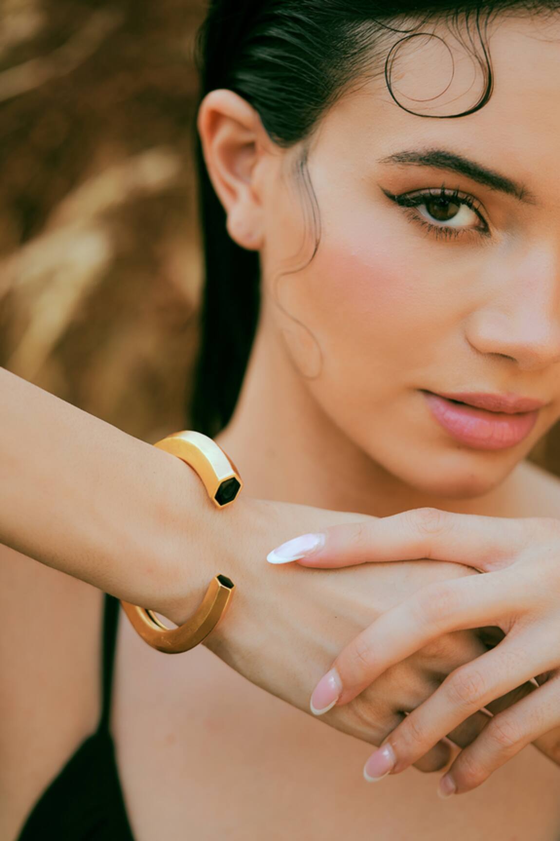 Varnika Arora Hexa Black Enamel Gold Cuff 