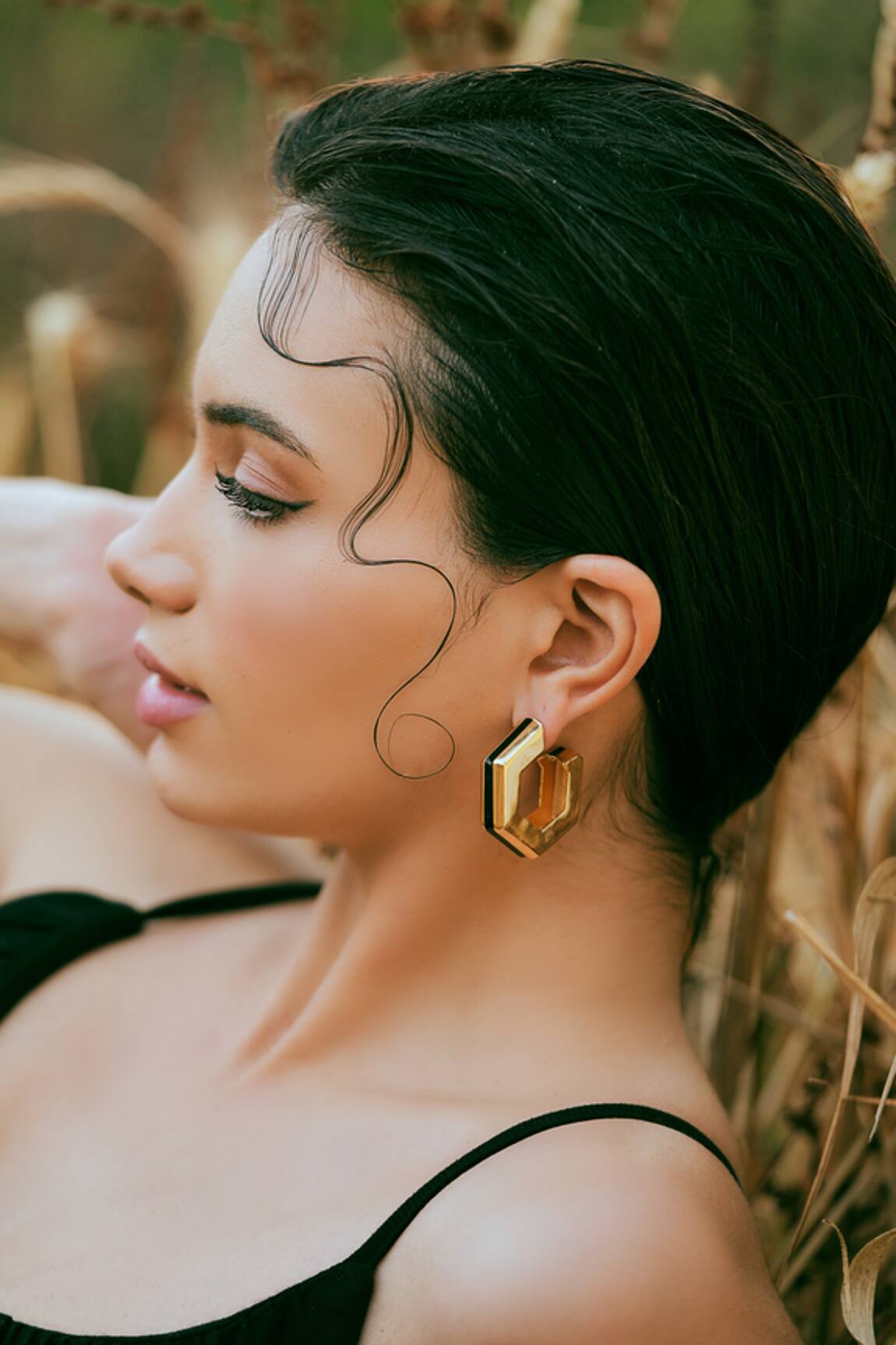 Varnika Arora Helixa Black Enamel Gold Hoops 