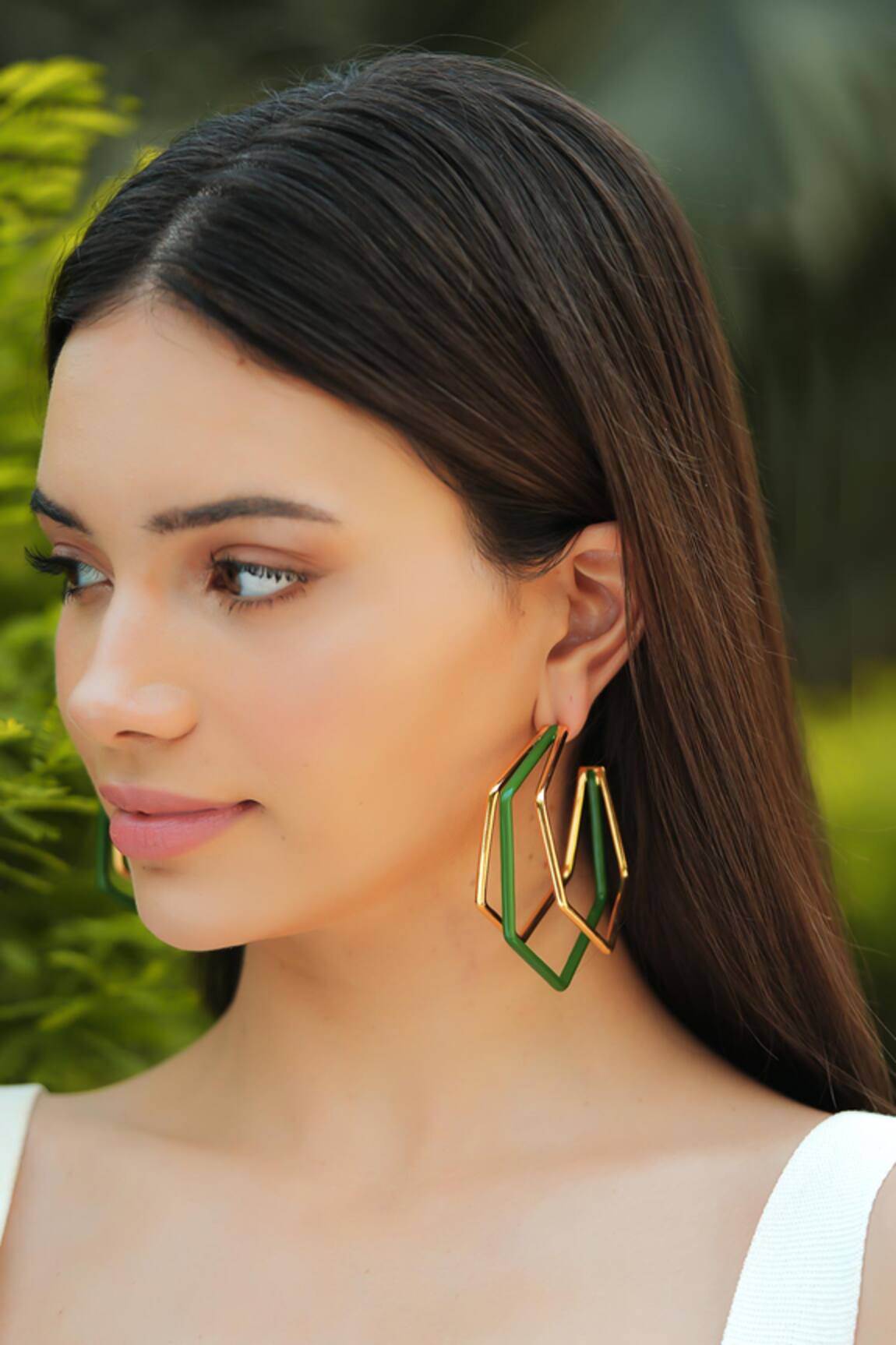 Varnika Arora XL Trio Green Enamel Gold Hoops 