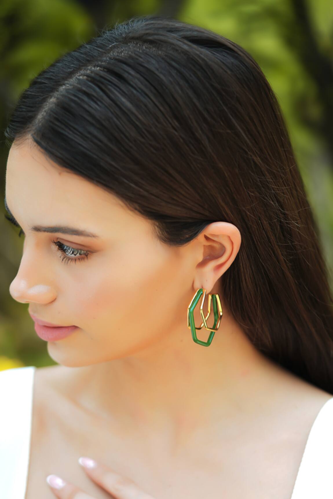 Varnika Arora Small Trio Green Enamel Gold Hoops 