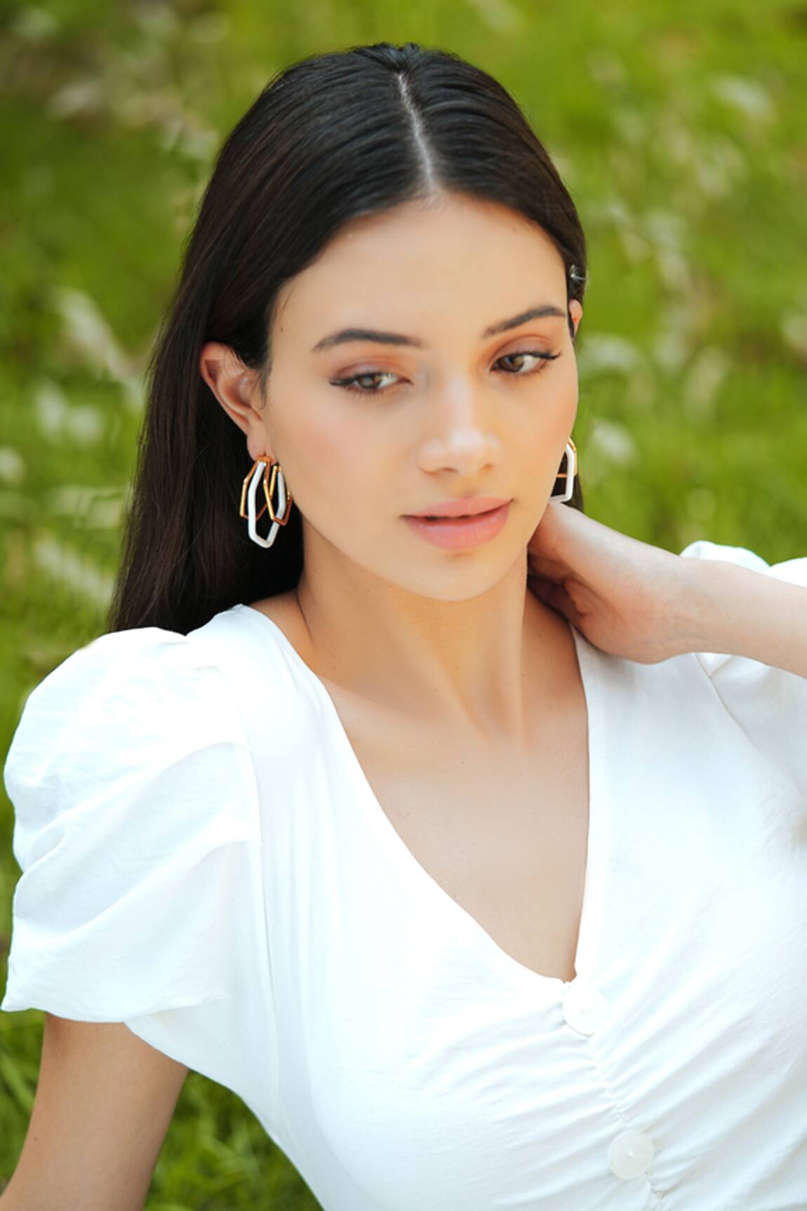 Varnika Arora Small Trio White Enamel Gold Hoops 