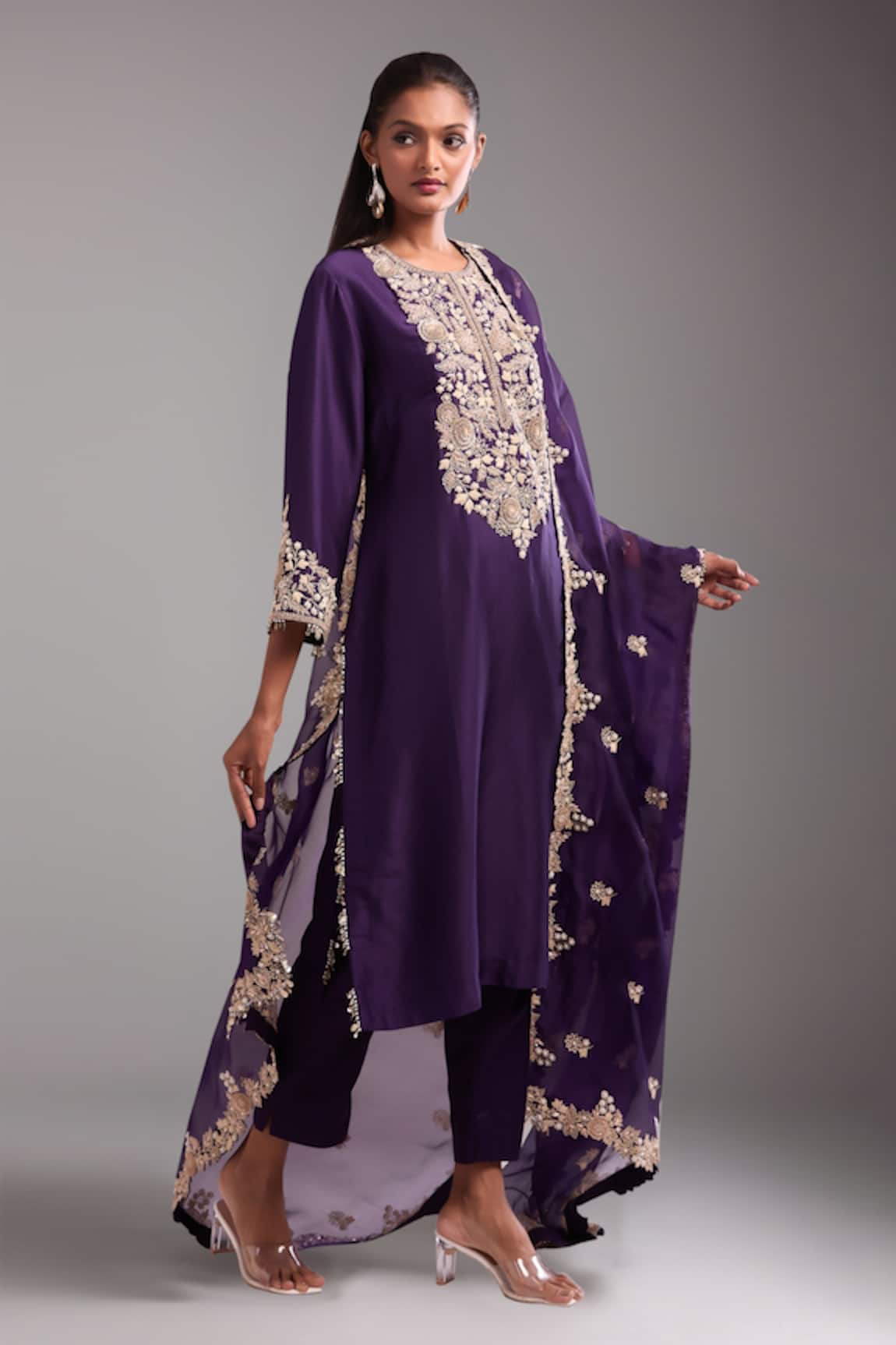 Prisho Dark Purple Resham Embroidered Kurta Set