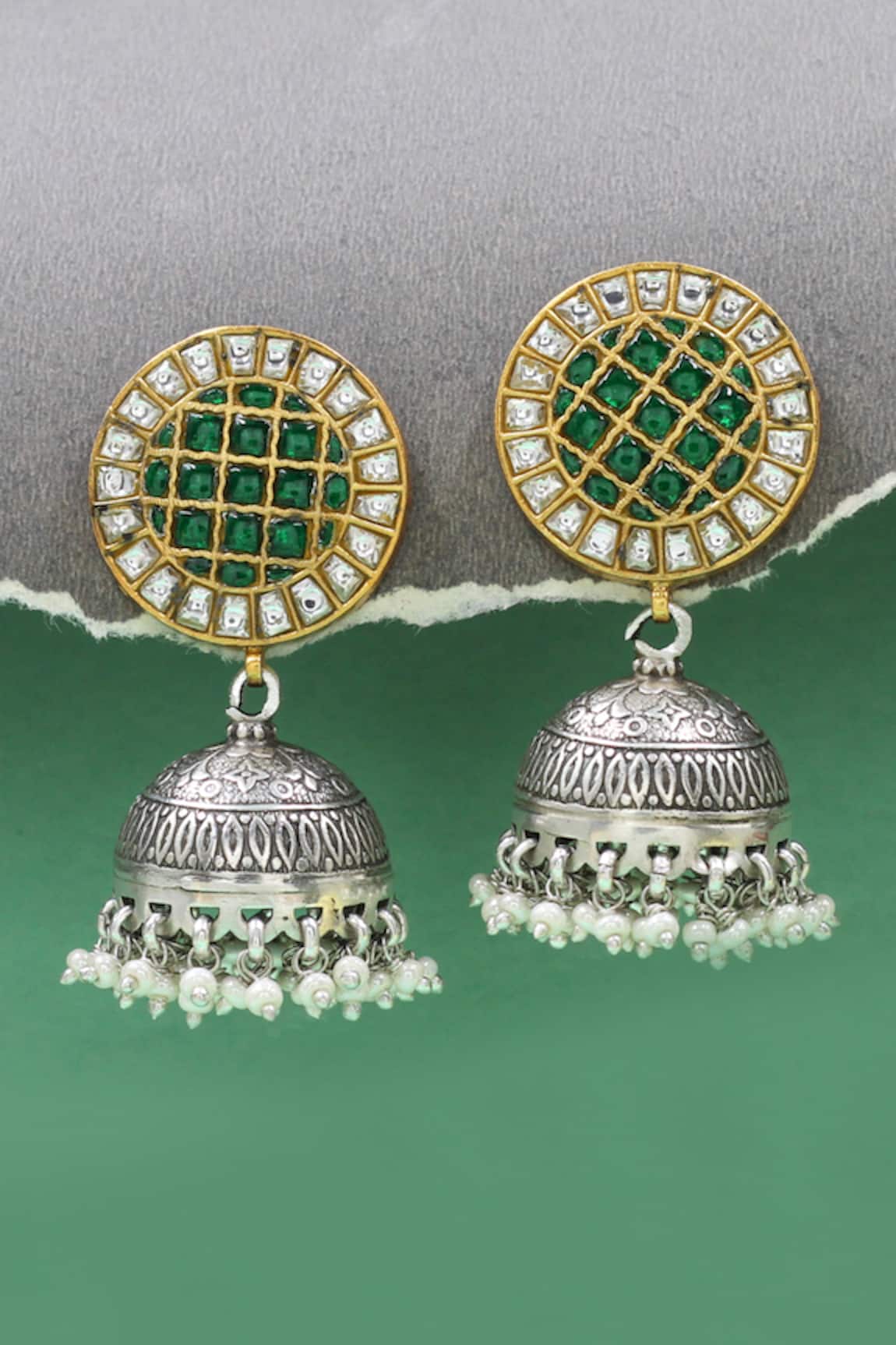 Sangeeta Boochra Kundan Green Silver Designer Earrings