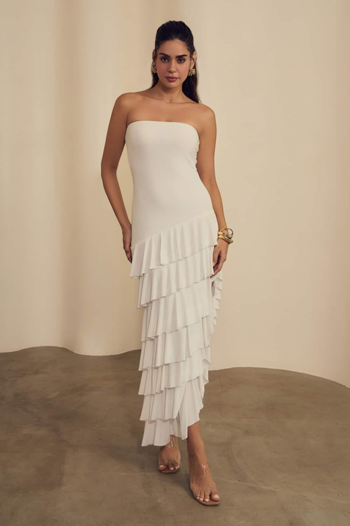 Label Frow Strapless Layered Midi Dress 
