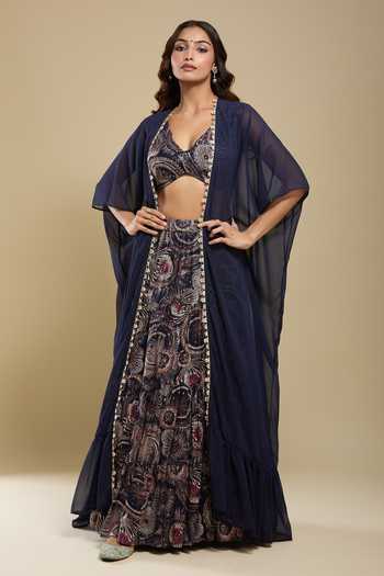 Samyukta Singhania Navy Blue Embroidered Cape Lehenga Set 