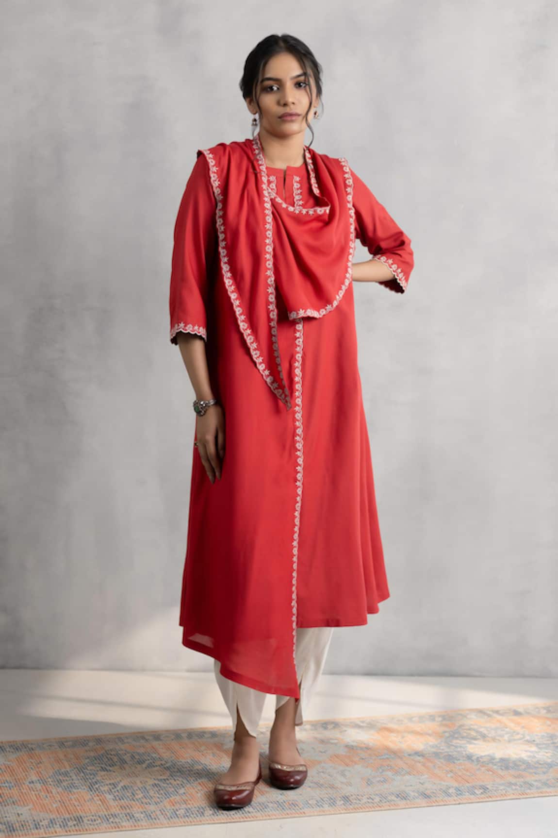 Neelu And Manvi Red Machine Embroidered Kurta & Dhoti Set