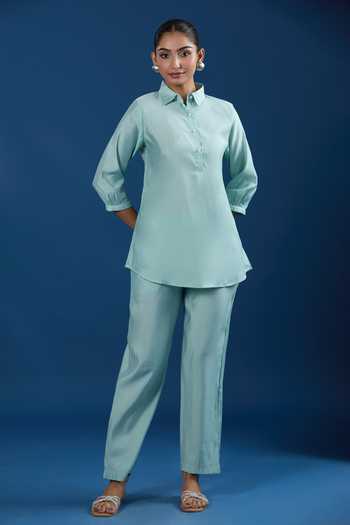 Naintara Bajaj Light Aqua Modal Muslin Shirt & Pant Set 