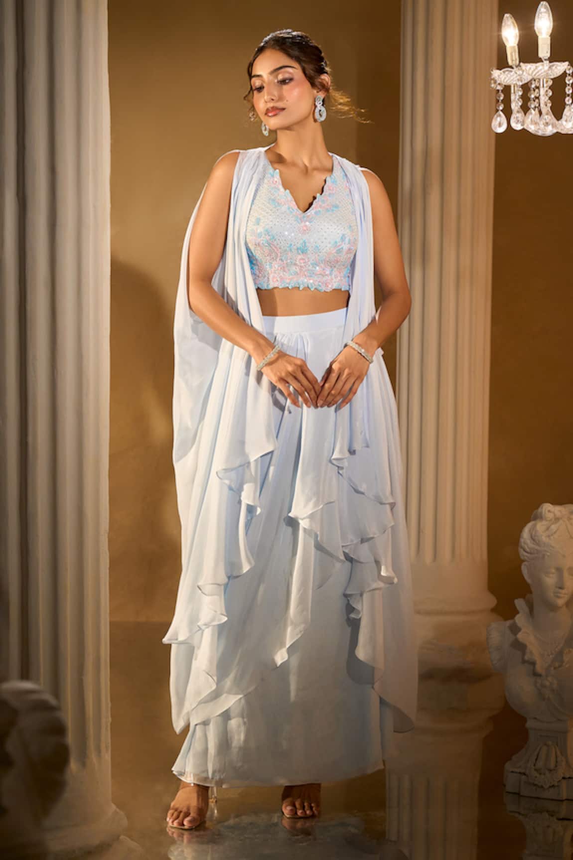 Aariyana Couture Powder Blue Embroidered Blouse & Skirt Set 