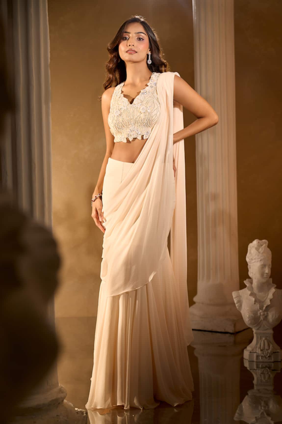 Aariyana Couture Ivory Pre-Draped Saree & Blouse Set 