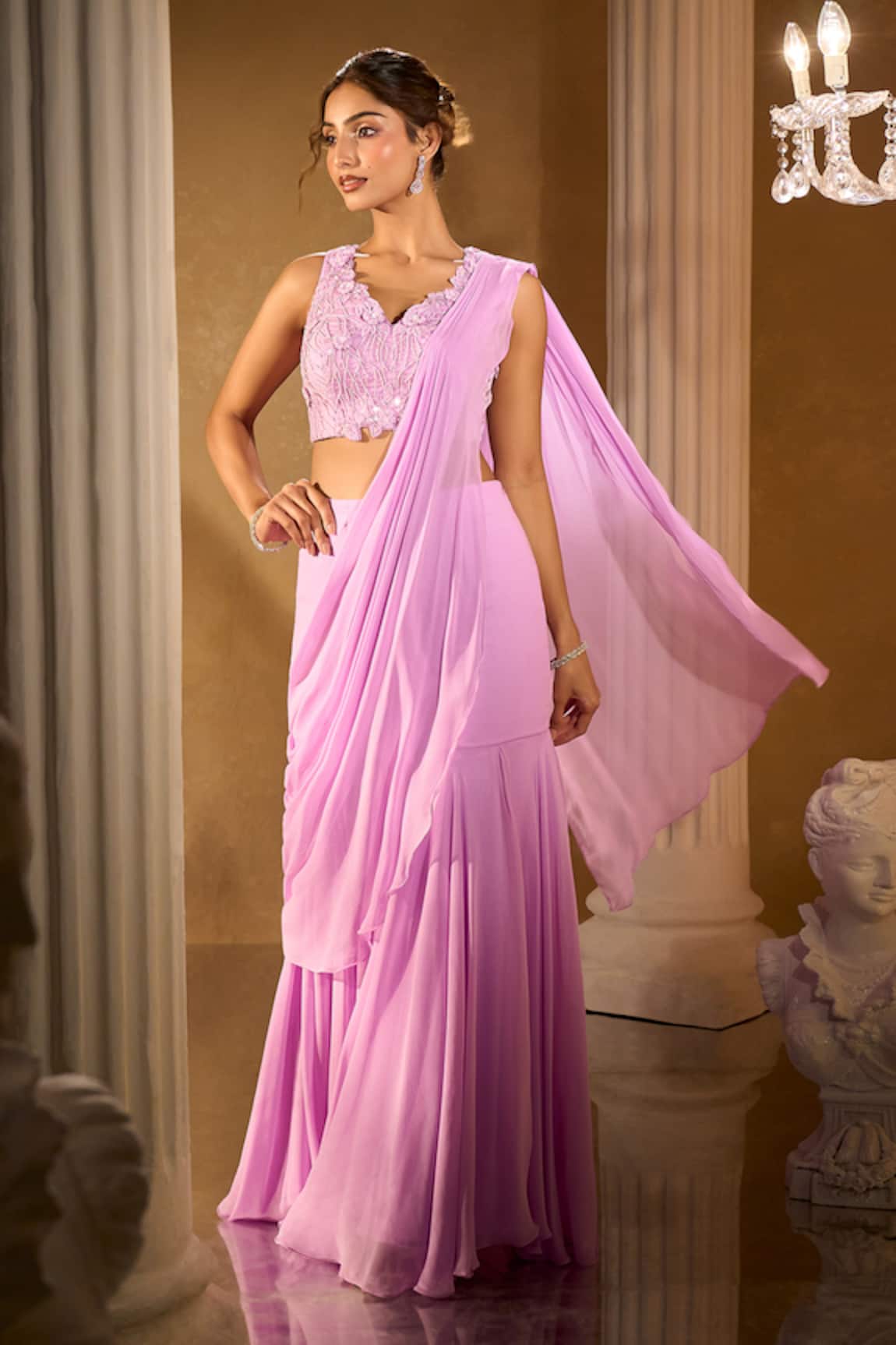 Aariyana Couture Lavender Pre-Draped Saree & Blouse Set 