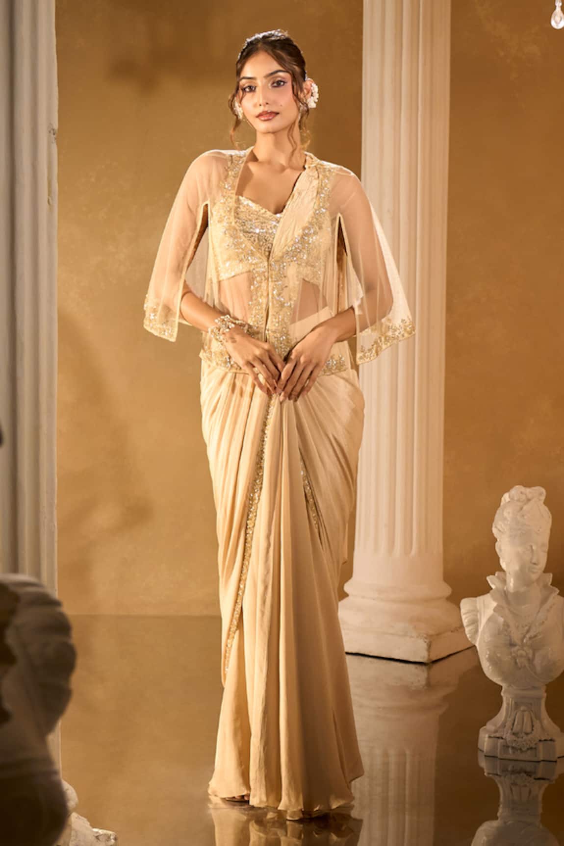 Aariyana Couture Gold Sequined Pre-Draped Saree With Blouse 