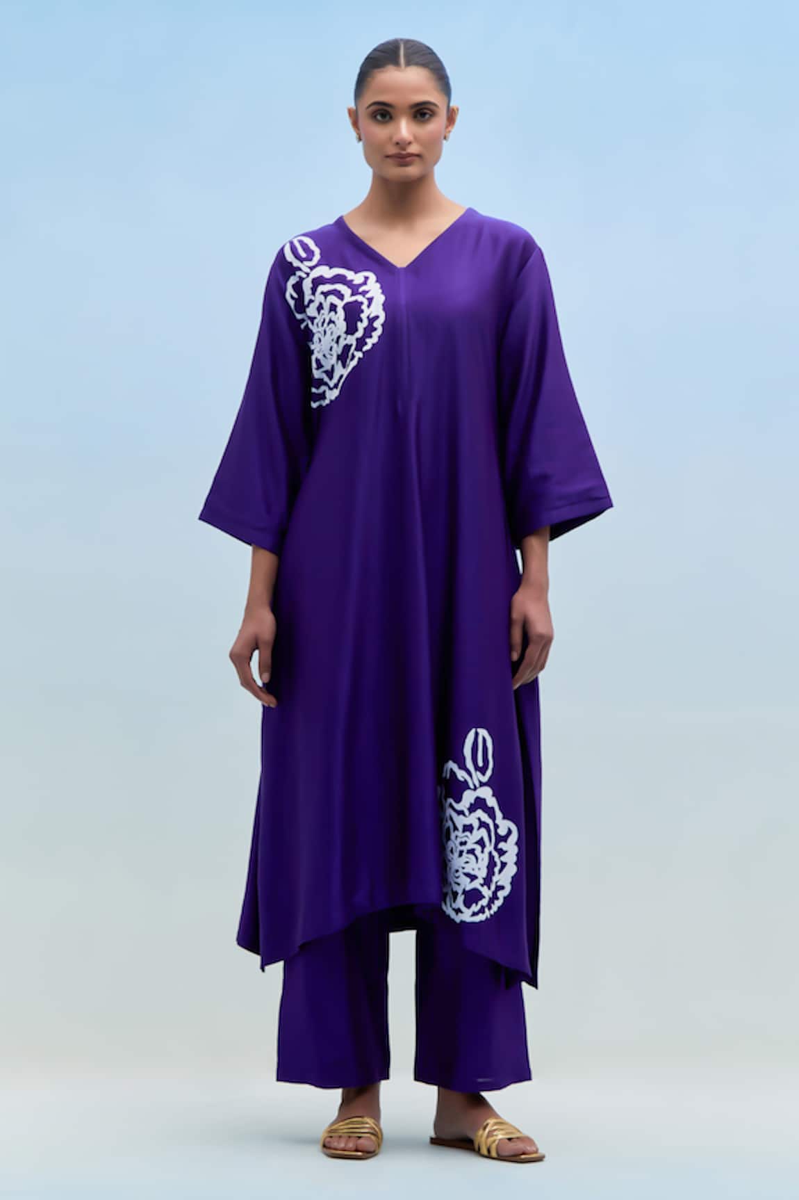 Priya Chaudhary Purple Blockprint Chanderi Kurta Pant Set 