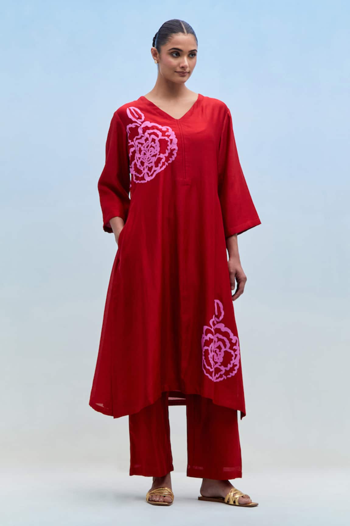 Priya Chaudhary Red Blockprint Chanderi Kurta & Pant Set 
