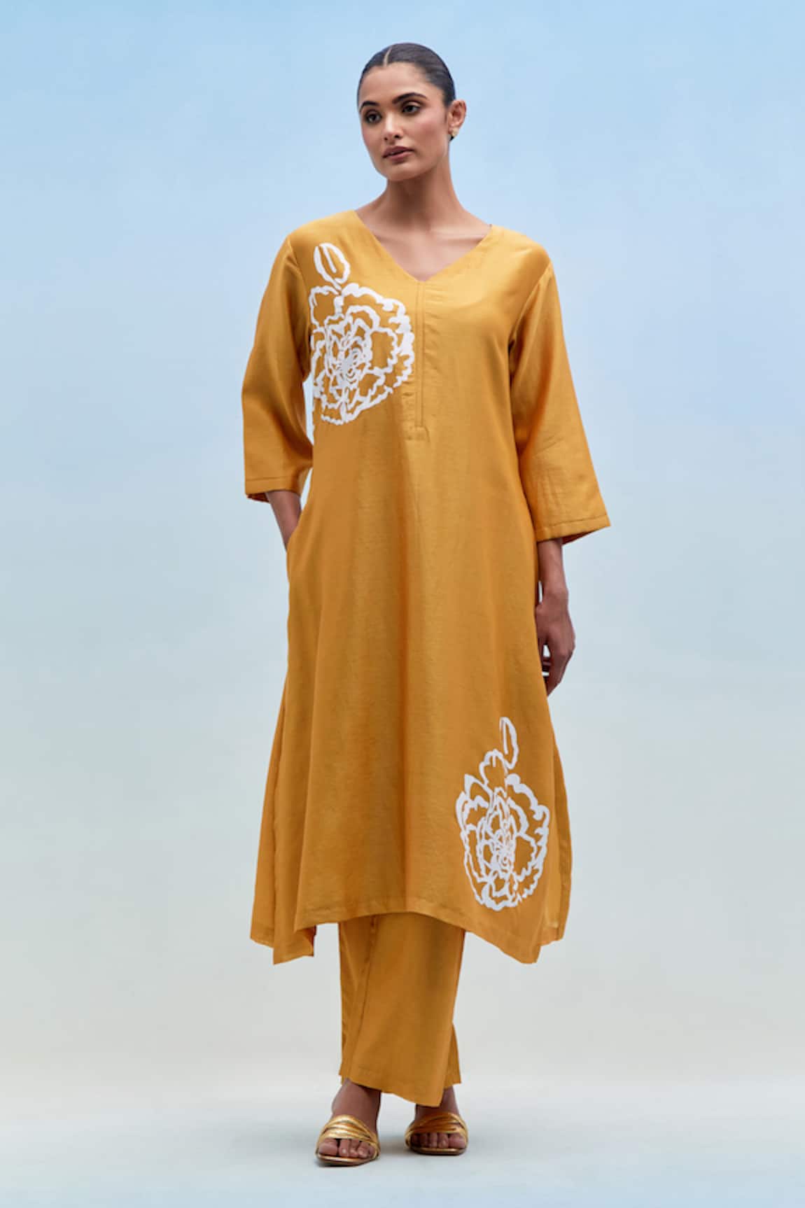 Priya Chaudhary Mustard Blockprint Chanderi Kurta Pant Set 