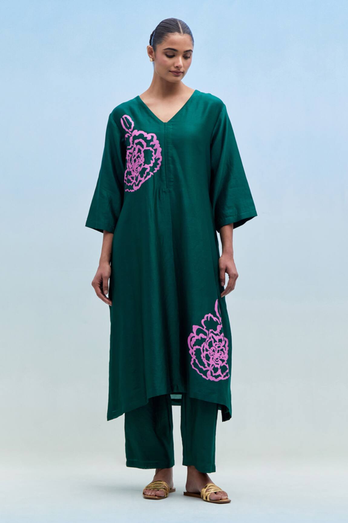 Priya Chaudhary Green Chanderi Block Print Kurta & Pant Set 
