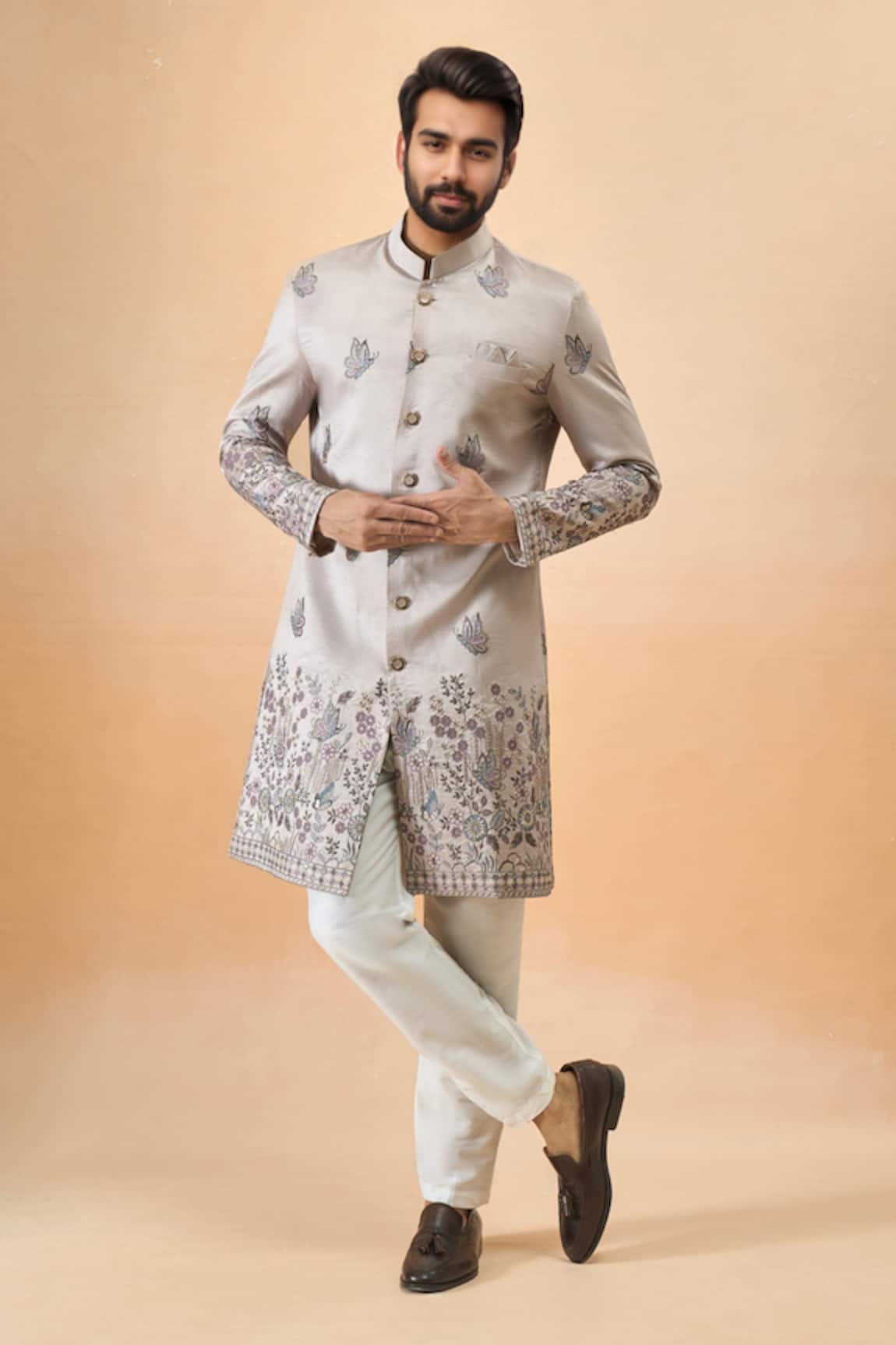 Arihant Rai Sinha Grey Thread Embroidered Sherwani Set 