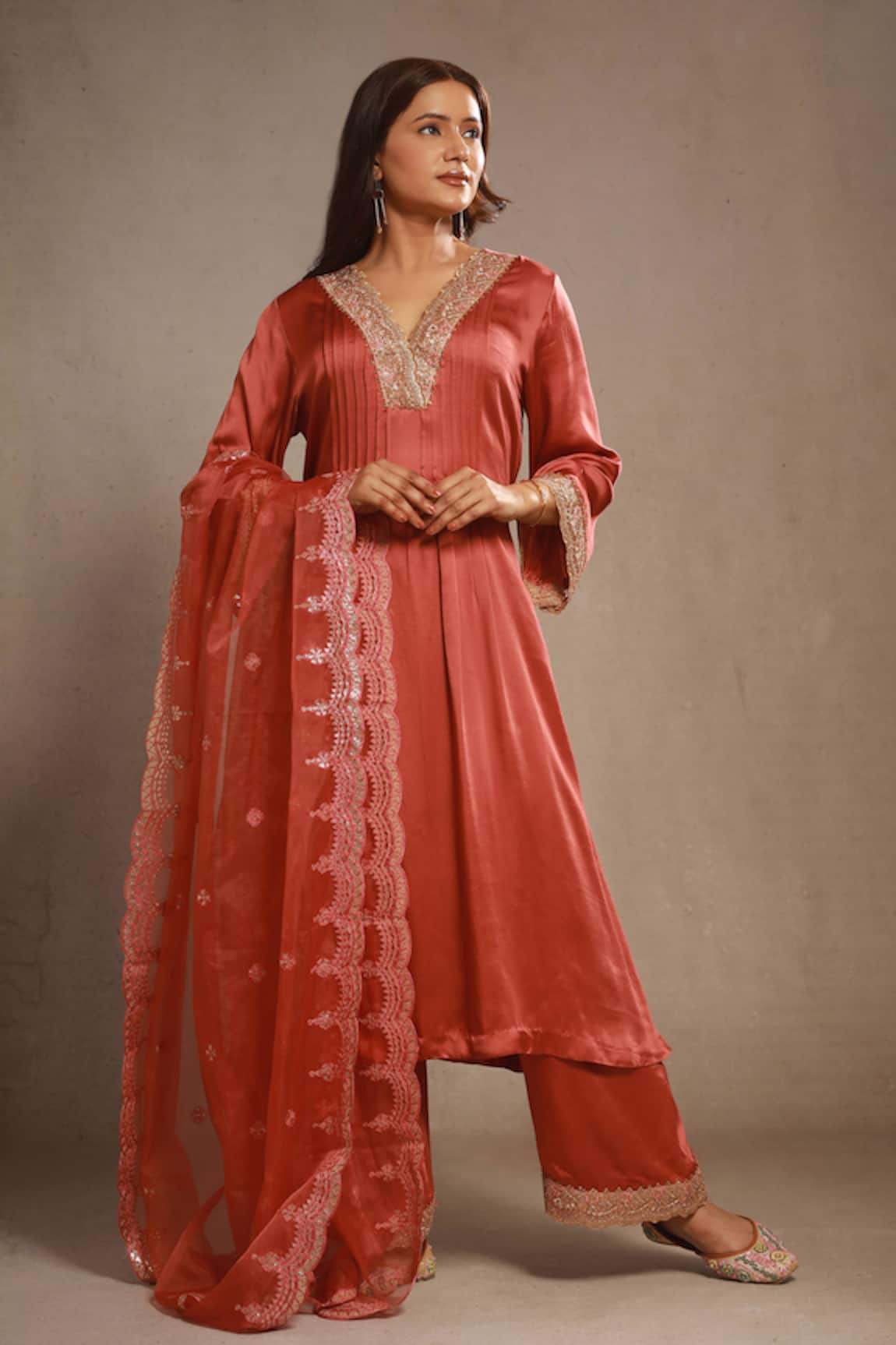 Sonali Methi Rust Orange Satin Kurta Set 