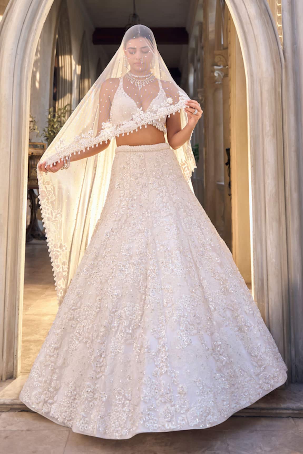 Seema Gujral Floral Ivory Lehenga Set 