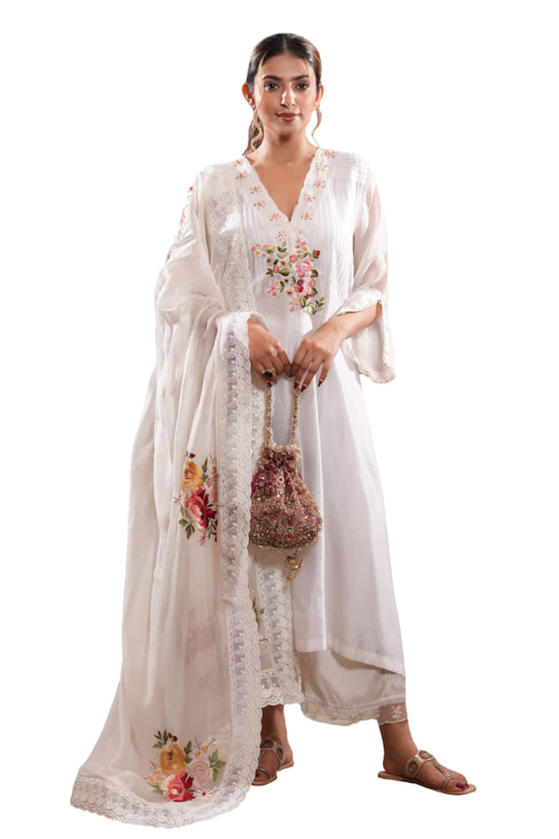 Sonali Methi Floral Embroidered Off White Kurta Set 