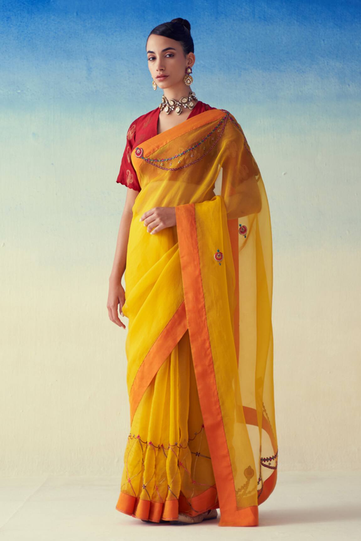Janki India Yellow Hand Embroidered Saree Set