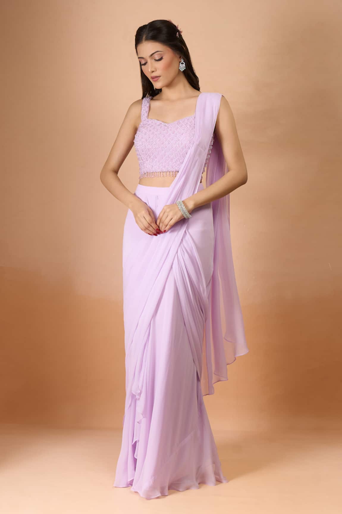 Aariyana Couture Lavender Georgette Pre-Draped Saree Set 