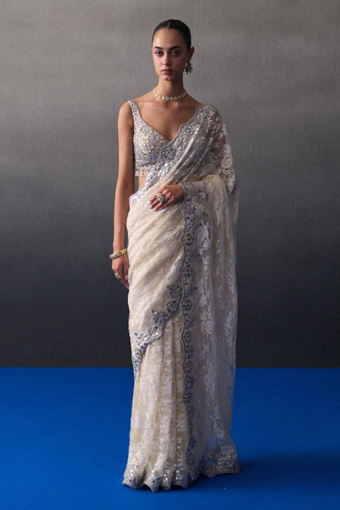 Angad Singh Ivory Sangeet Saree Set 