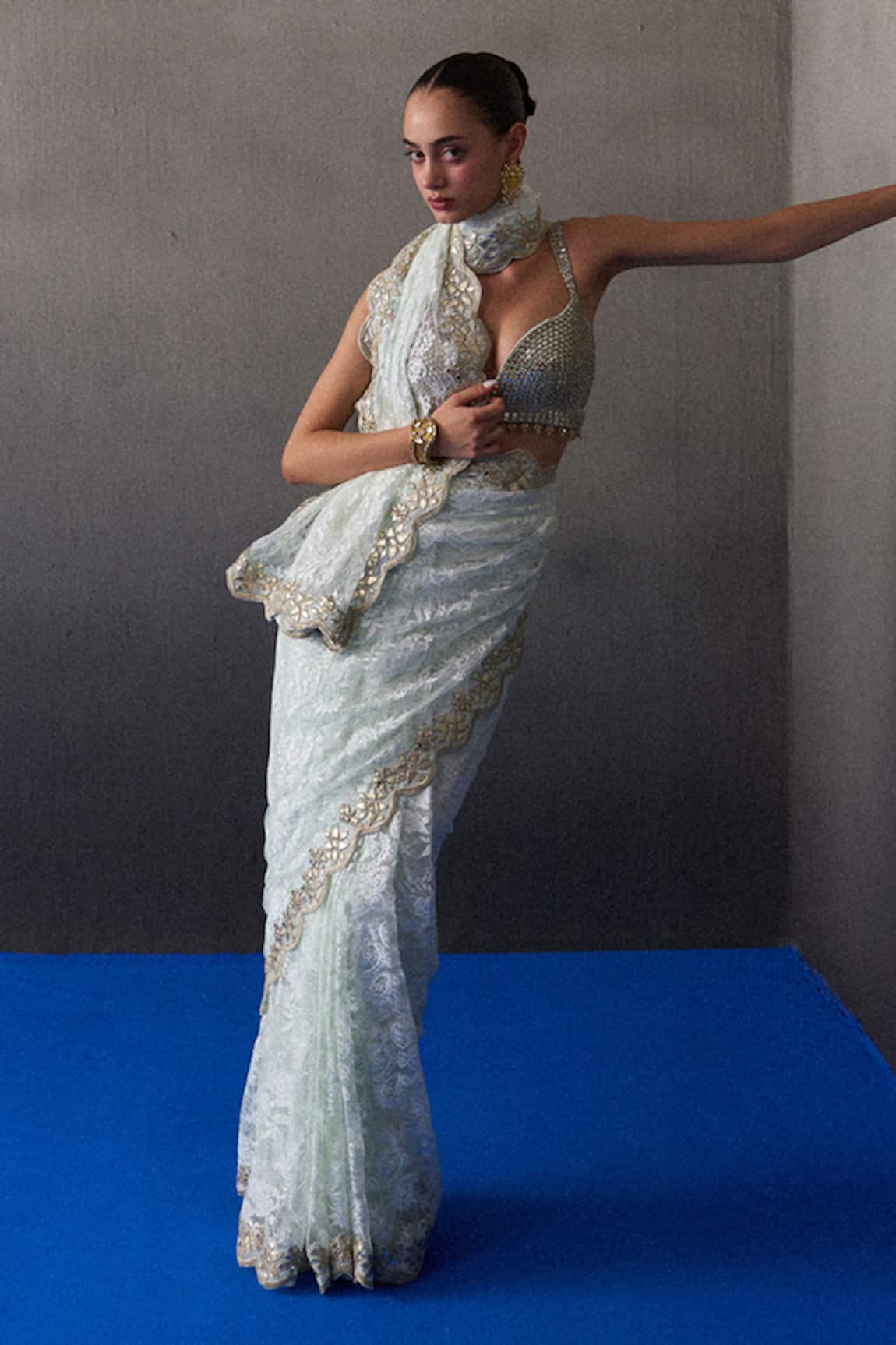 Angad Singh Mint Green Festive Saree Set 