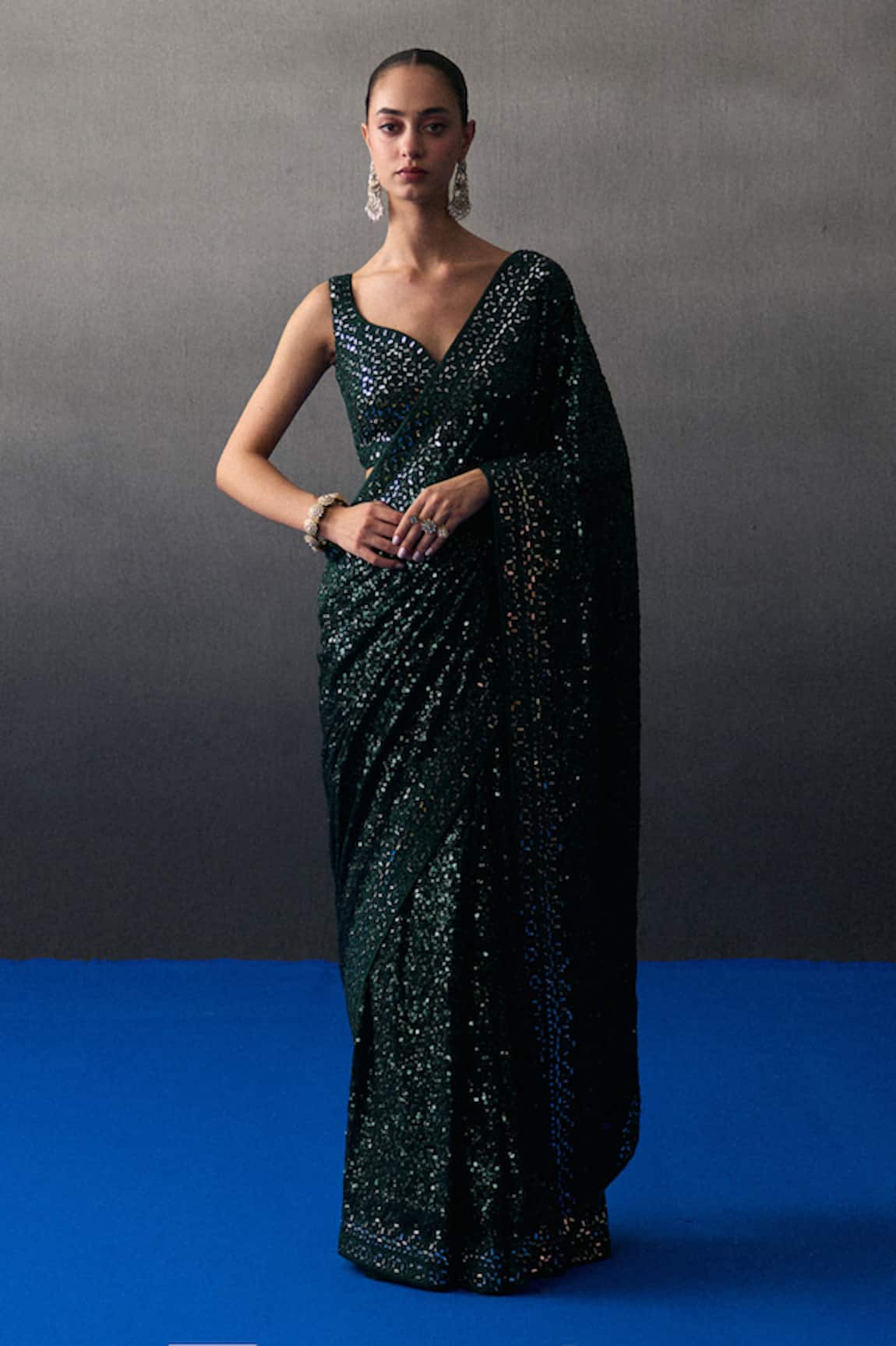 Angad Singh Designer Green Sangeet Saree Set 