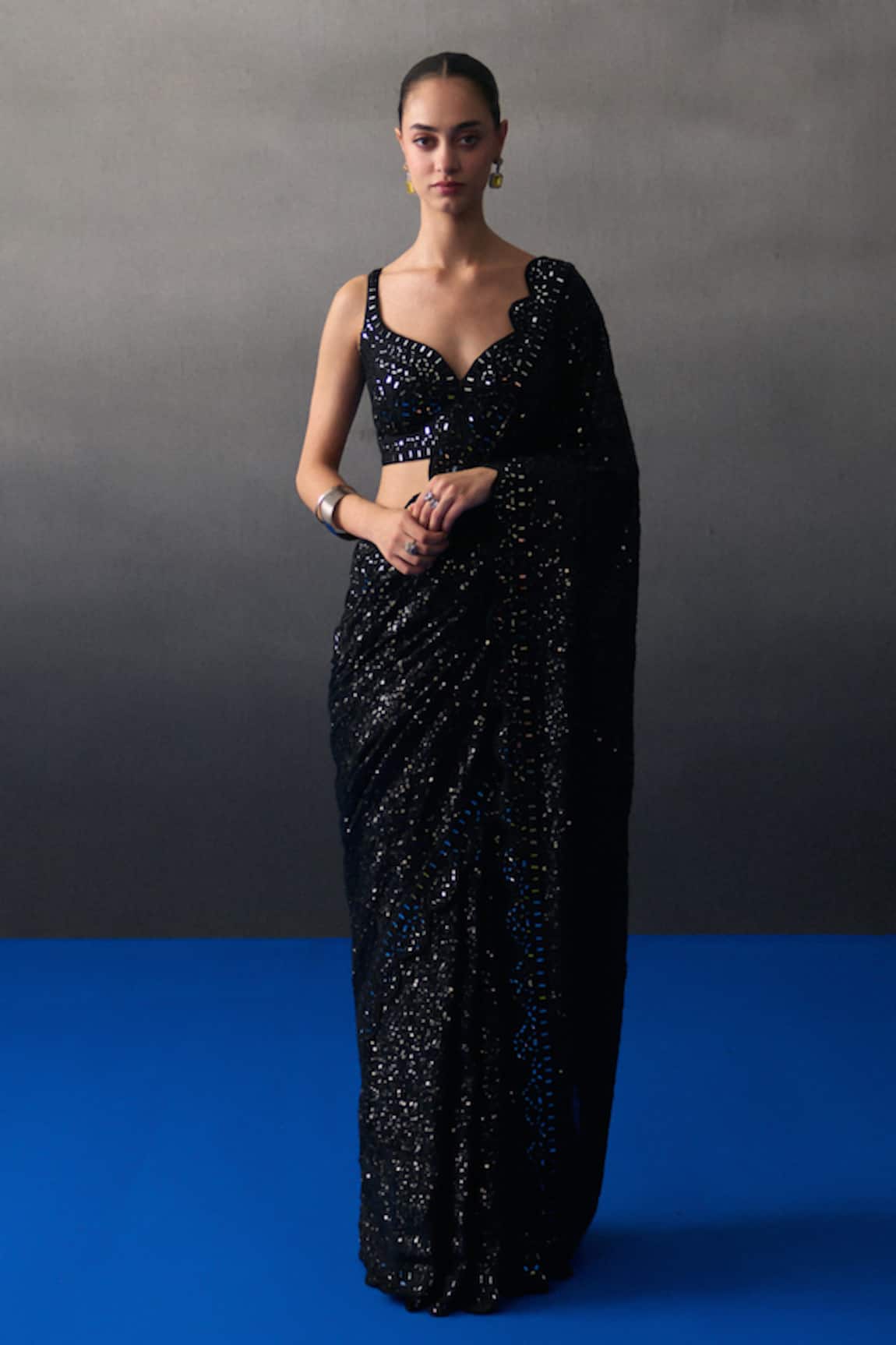 Angad Singh Black Sequins Saree Set 