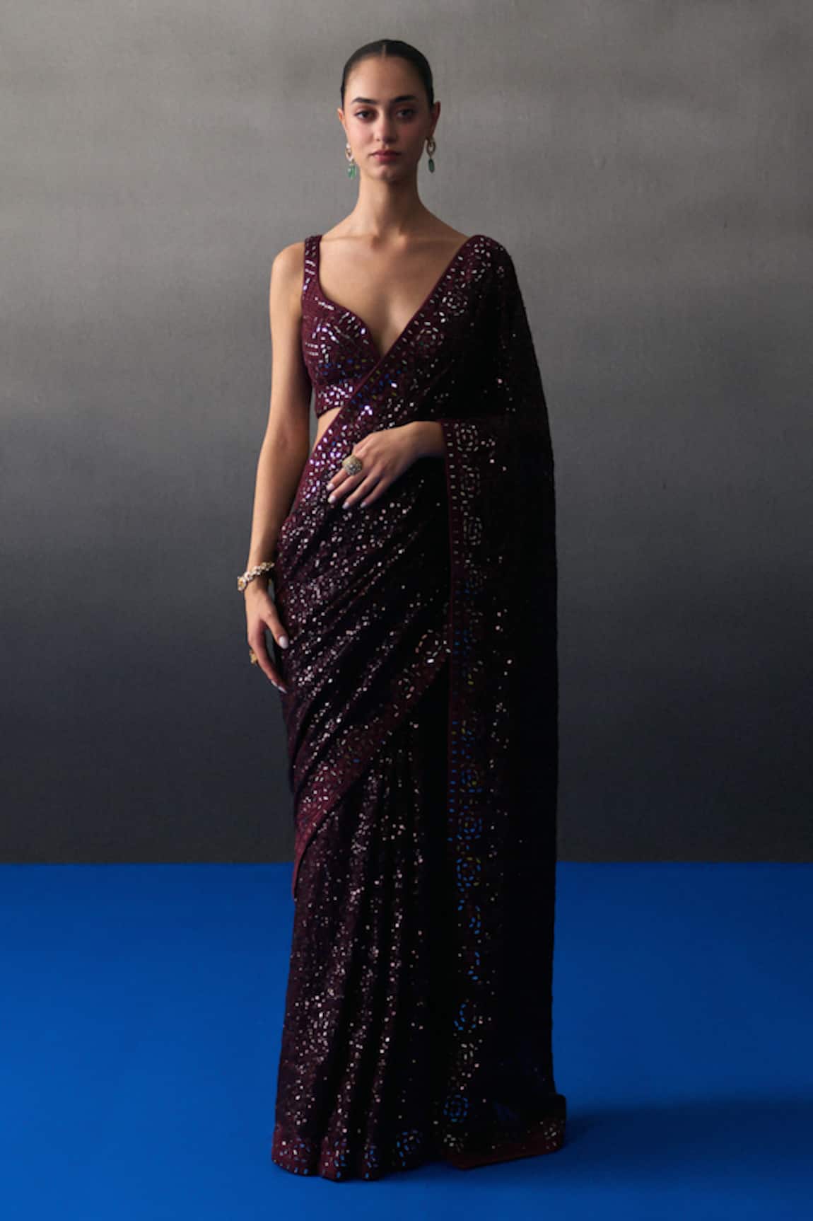 Angad Singh Crimson Sequins Saree Set 
