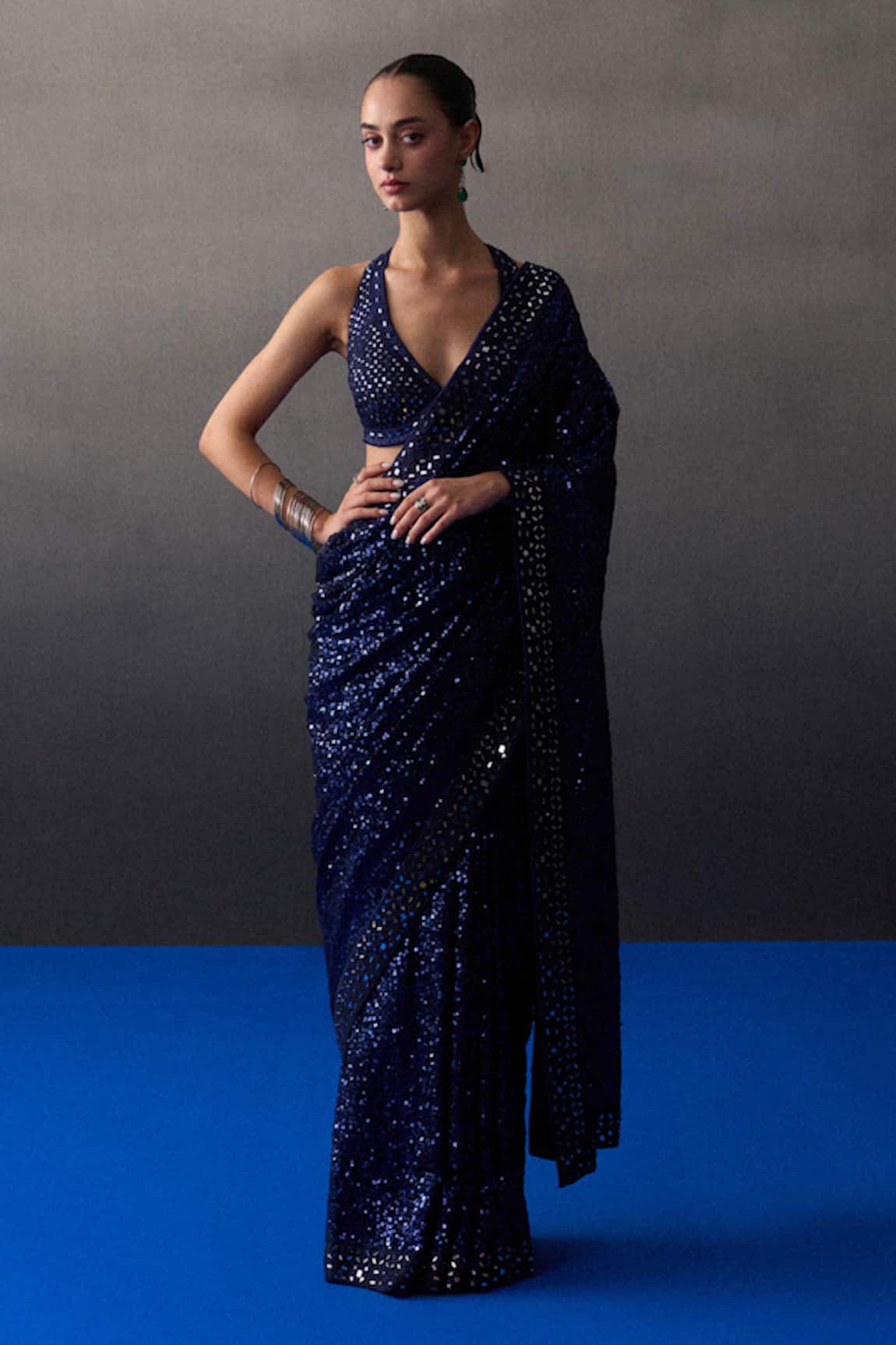 Angad Singh Midnight Blue Sequins Saree Set 