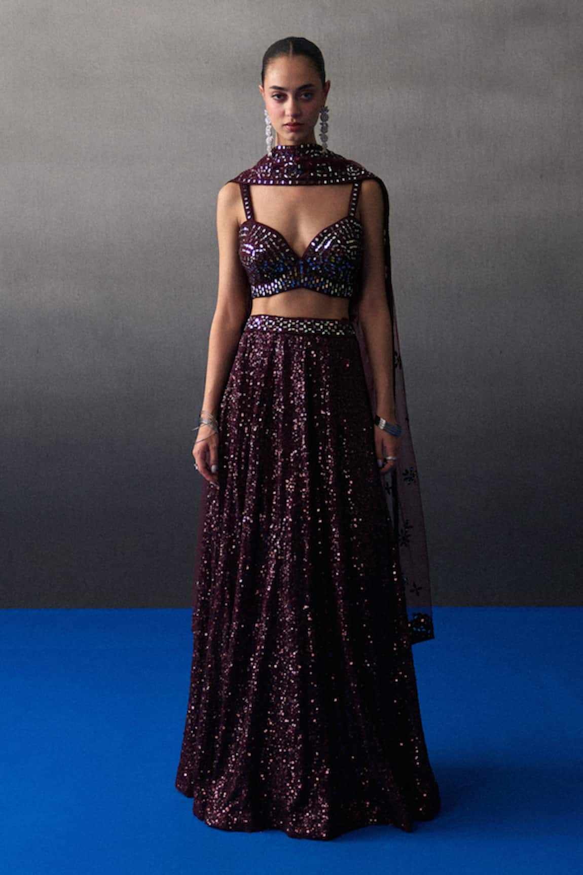 Angad Singh Crimson Sequins Lehenga Set 