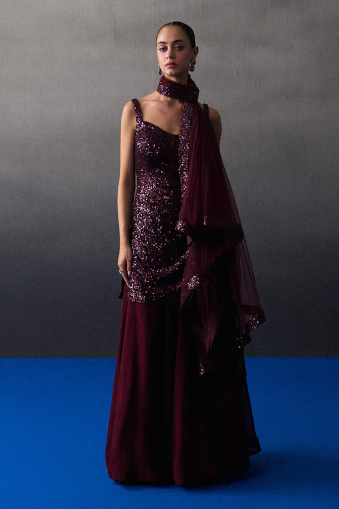 Angad Singh Crimson Sequins Sharara Set 
