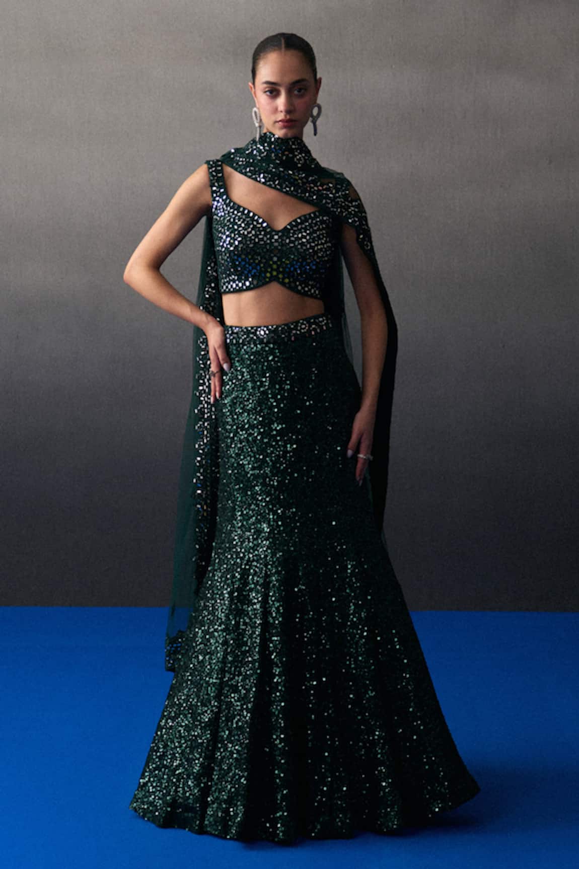 Angad Singh Green Sequins Georgette Lehenga Set 